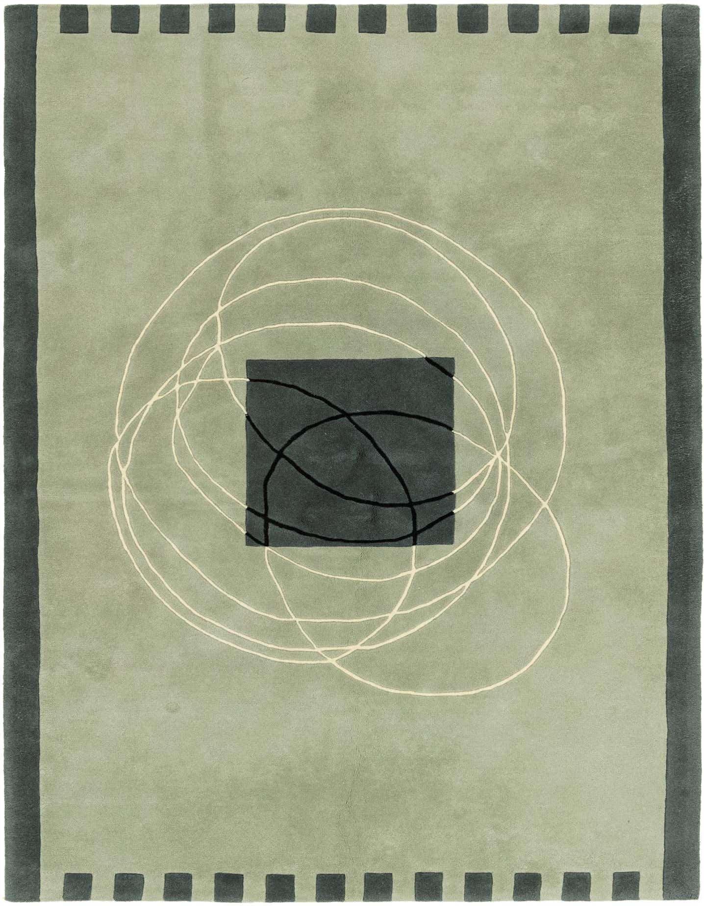 A 6x9 rectangular modern gray wool rug with an abstract design featuring a dark square and swirling white lines.