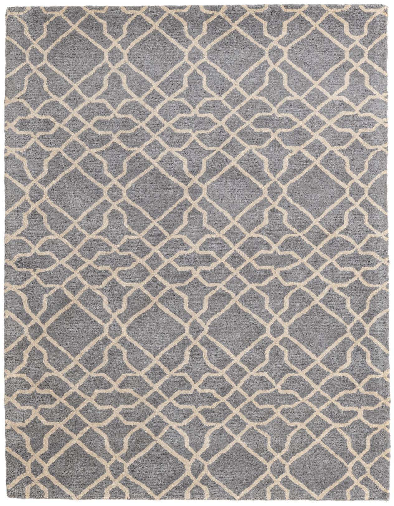 A 5x8 rectangular Luna Collection rug featuring a modern abstract trellis pattern in light gray and off-white.