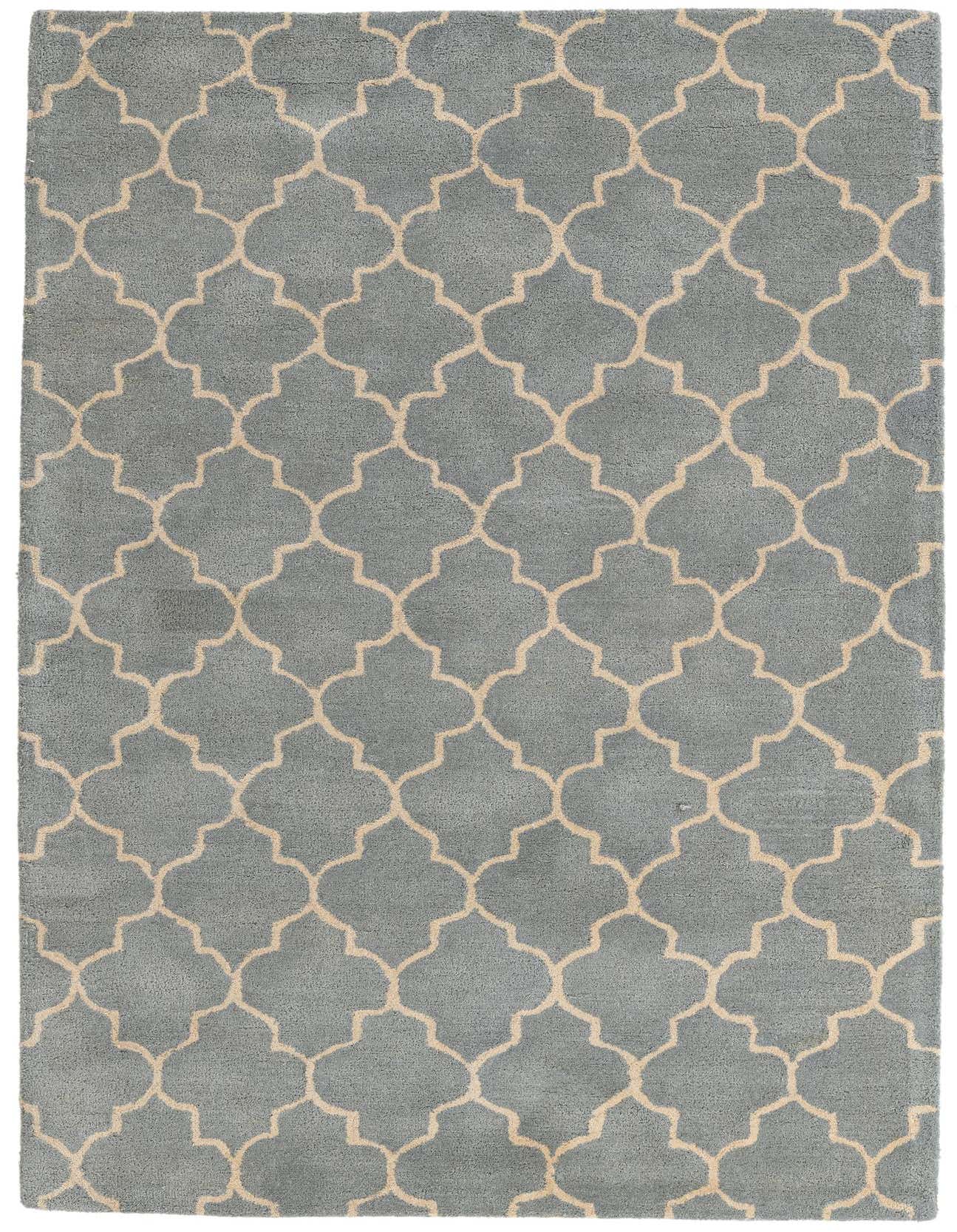 A 5x8 rectangular gray area rug with a repeating cream modern abstract pattern, suitable for a living room.