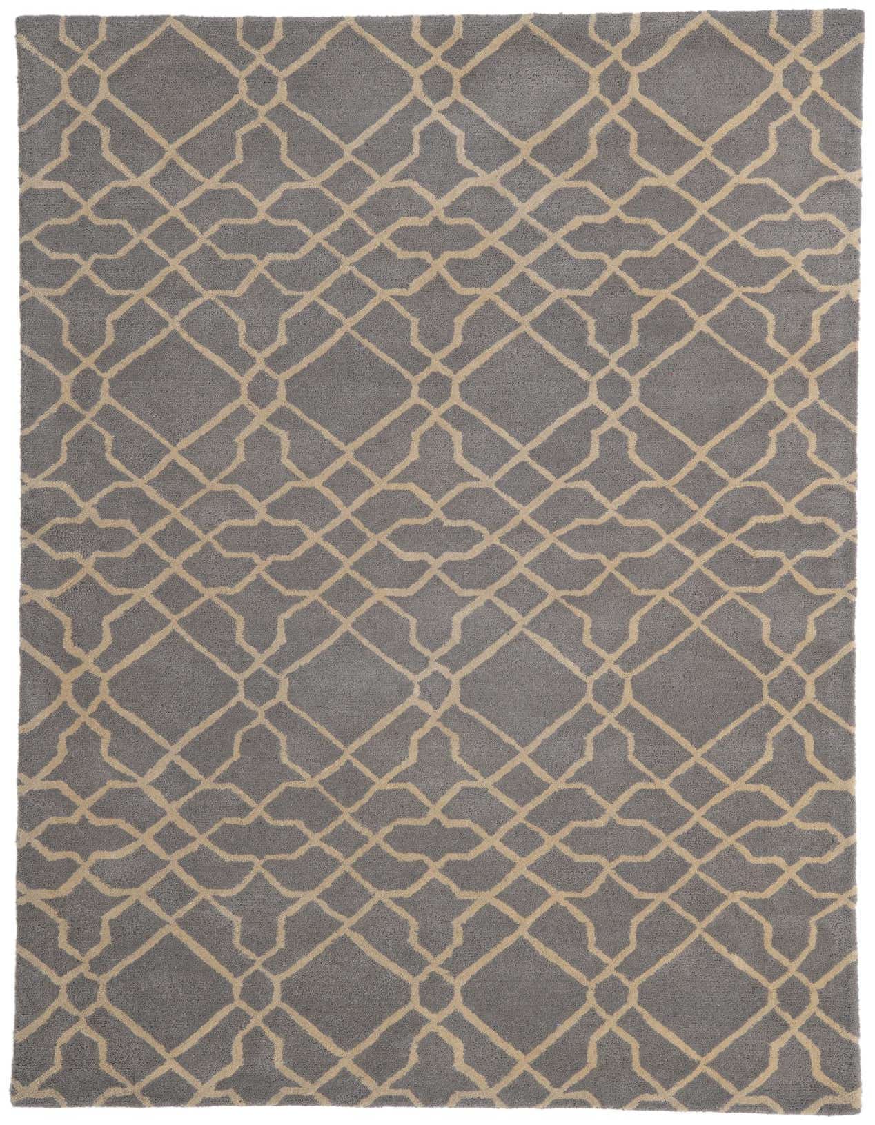 A 5x8 rectangular gray modern area rug with a high pile and an abstract tan geometric pattern, suitable for a living room.
