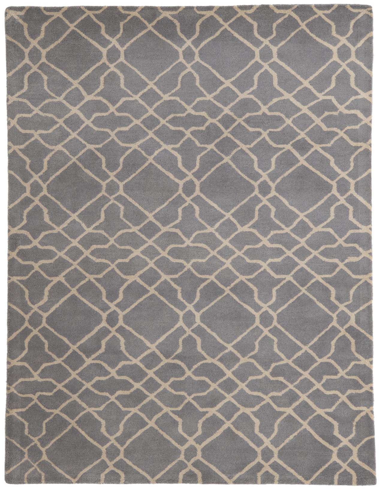 A 5x8 rectangular gray modern area rug with an abstract trellis pattern in light beige, suitable for a living room.