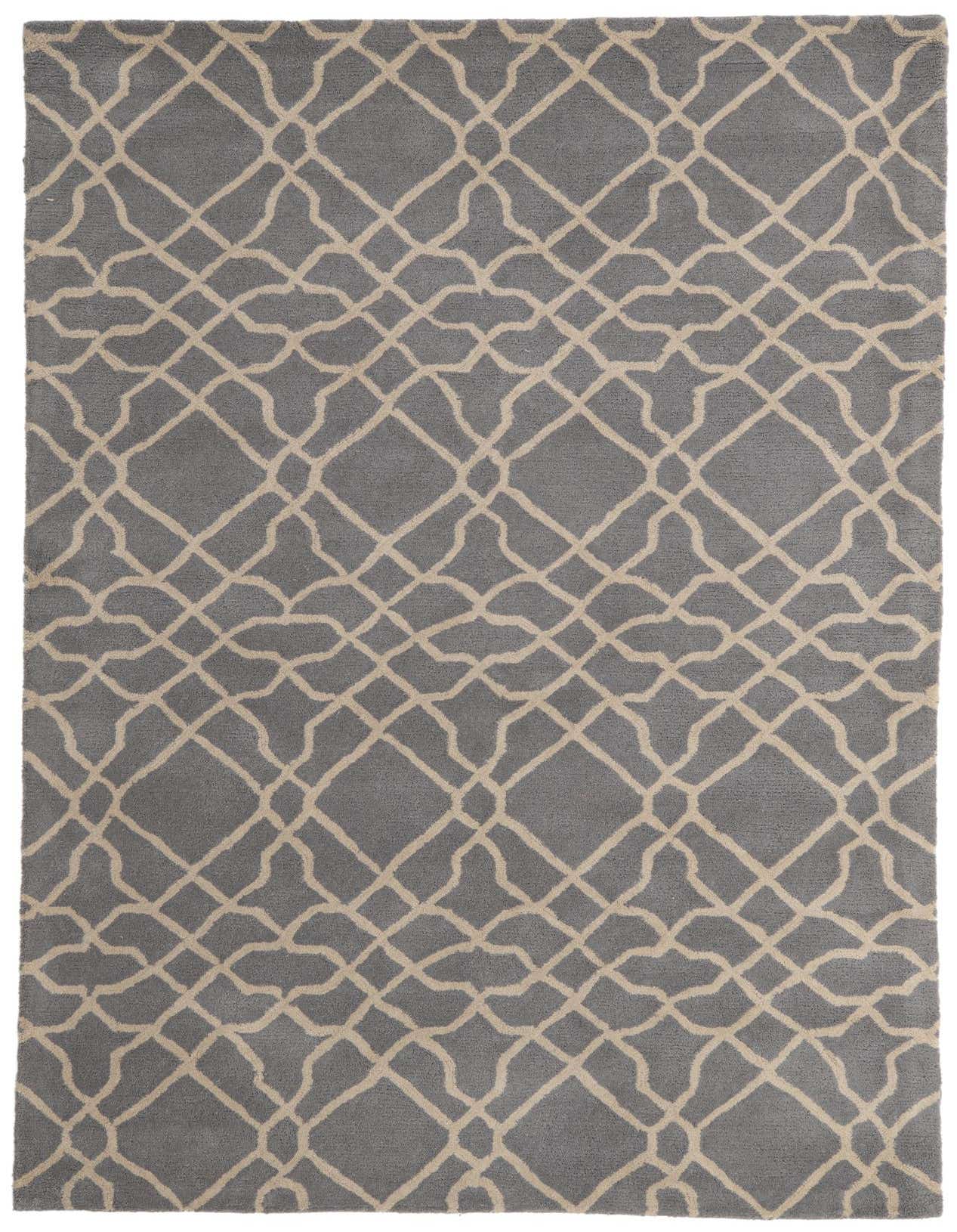 A 5x8 rectangular Luna Collection rug featuring a gray background with an abstract cream geometric pattern, suitable for a living room or bedroom.