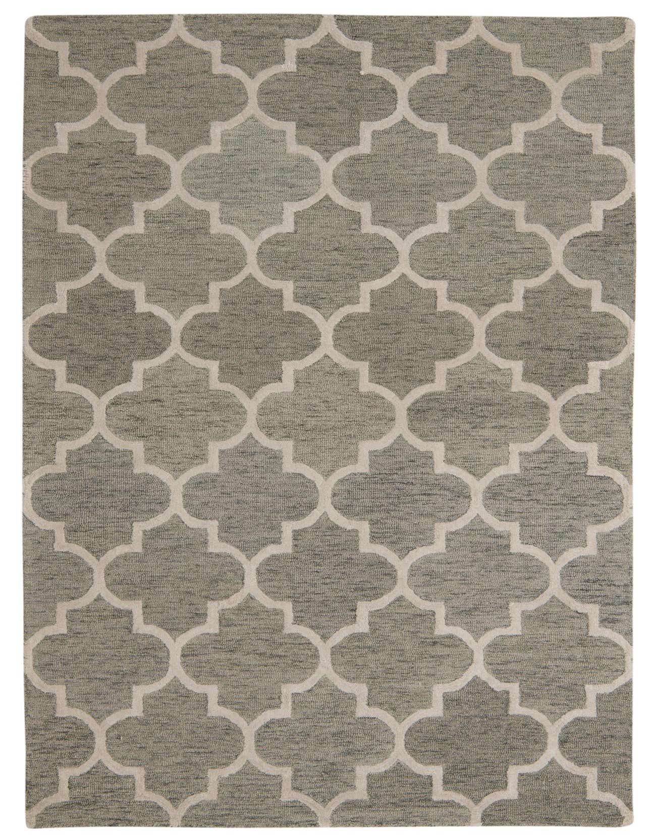 A 5x8 rectangular gray modern area rug with a repeating off-white quatrefoil pattern, made from wool and cotton.