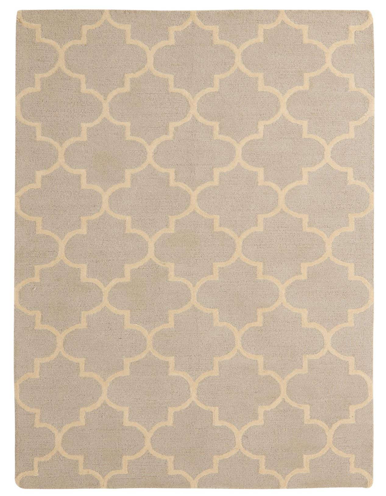A 5x8 rectangular gray area rug with a repeating light beige modern abstract quatrefoil pattern, suitable for a living room.