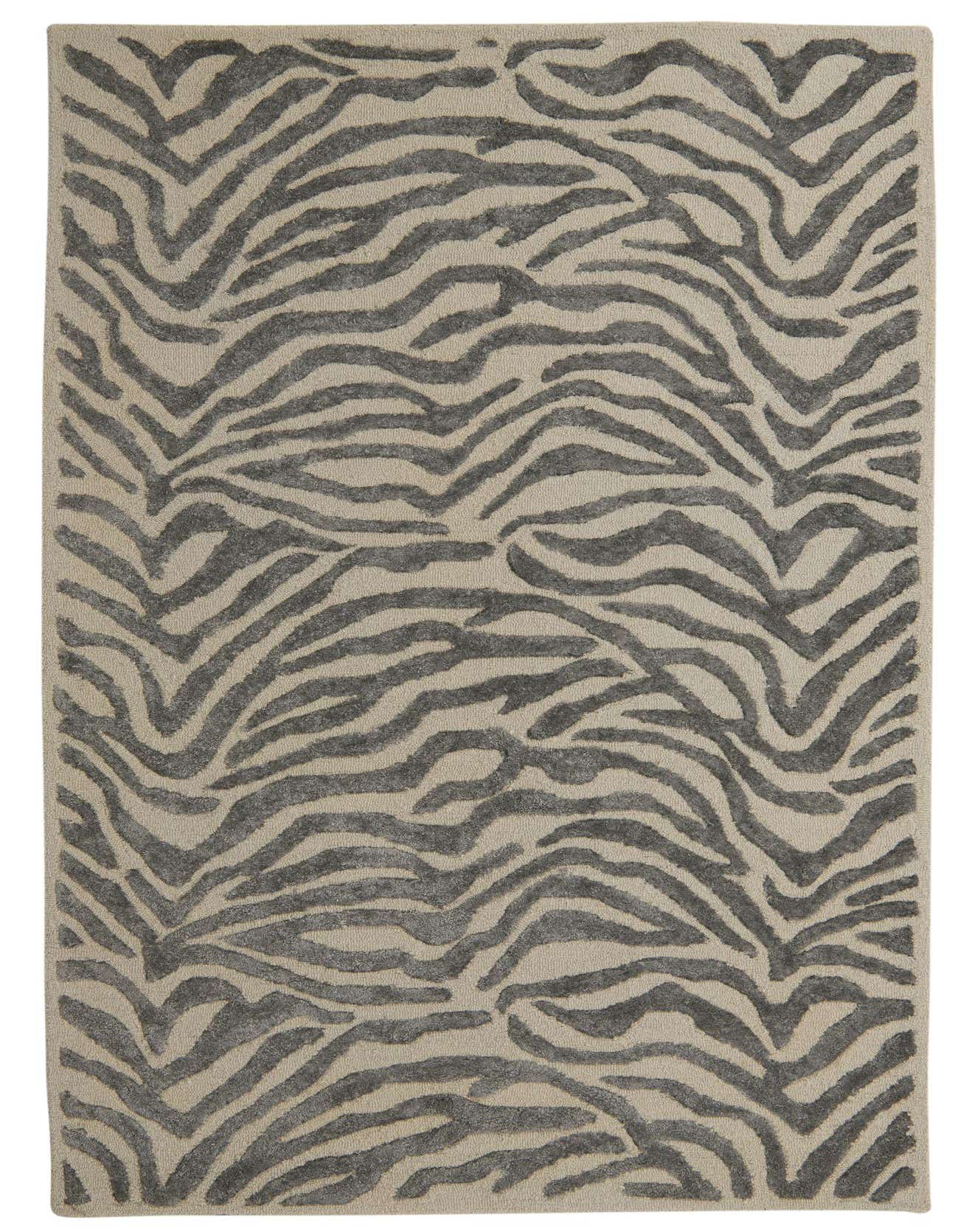 A 5x8 rectangular Luna Collection rug featuring a modern abstract pattern of wavy gray lines on a light beige background.