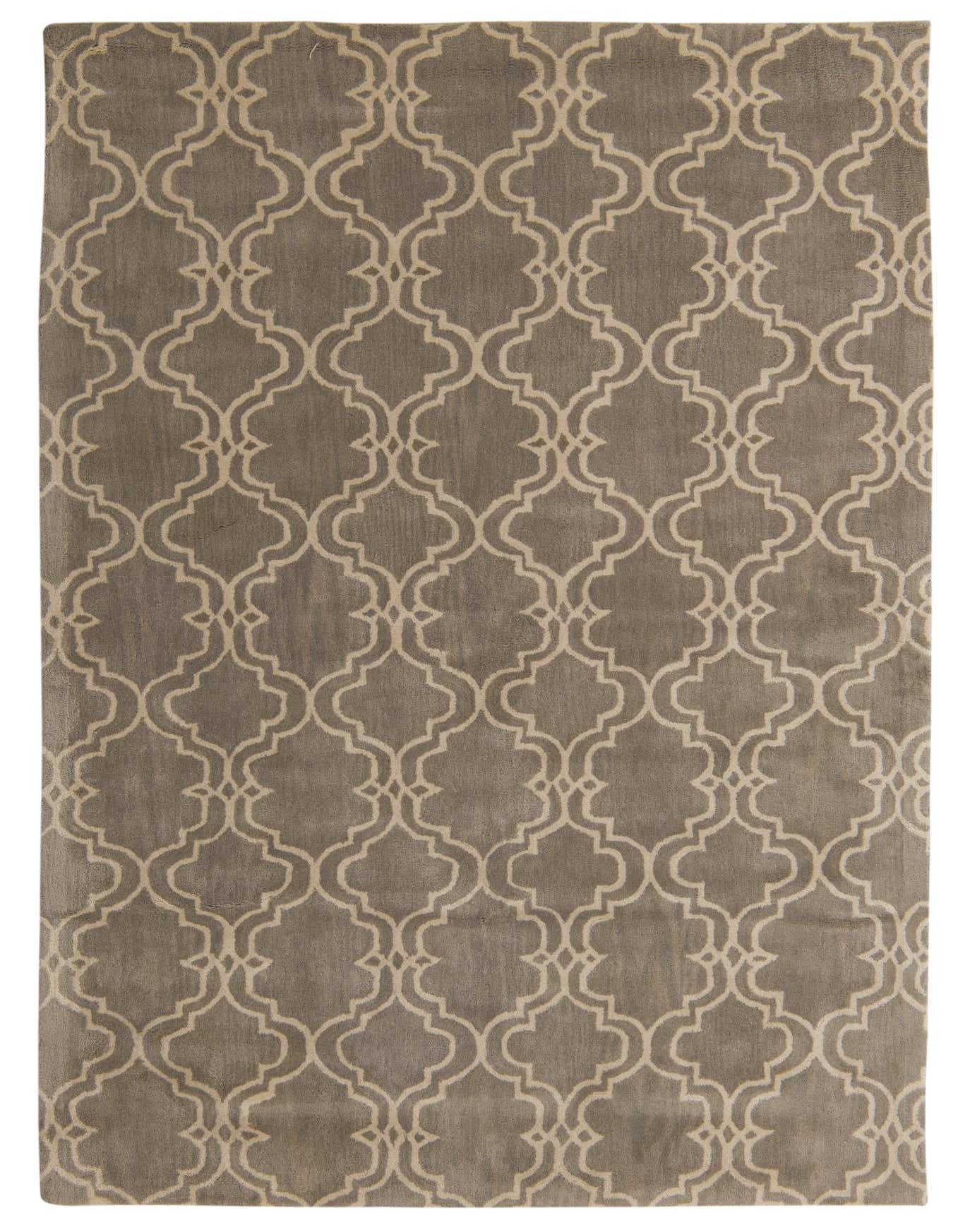 A 6x9 rectangular gray area rug with a repeating beige modern geometric trellis pattern, suitable for a living room.