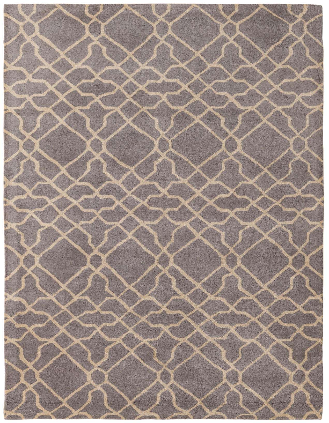 A 5x8 rectangular Luna Collection rug with a high pile, featuring an abstract gray and silver trellis pattern.