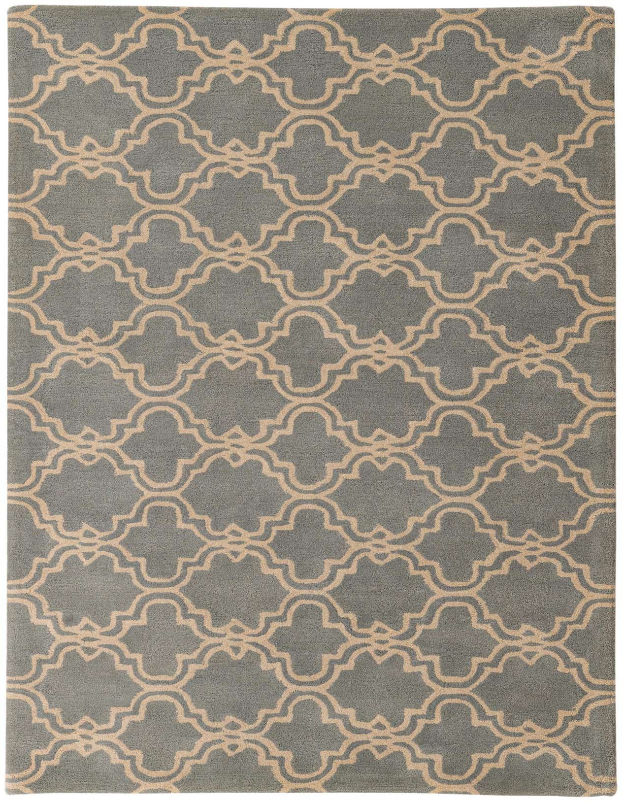 A 5x8 rectangular Luna Collection rug featuring a gray background with a repeating beige abstract geometric pattern.