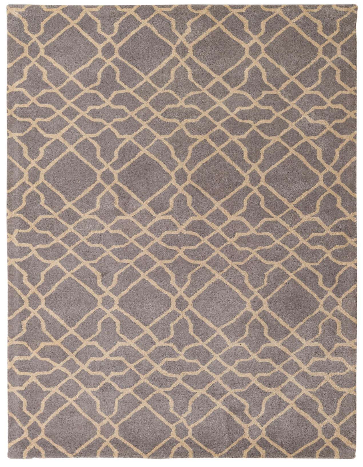 A 5x8 rectangular gray wool rug with a high pile, featuring an abstract beige geometric pattern, suitable for a living room.