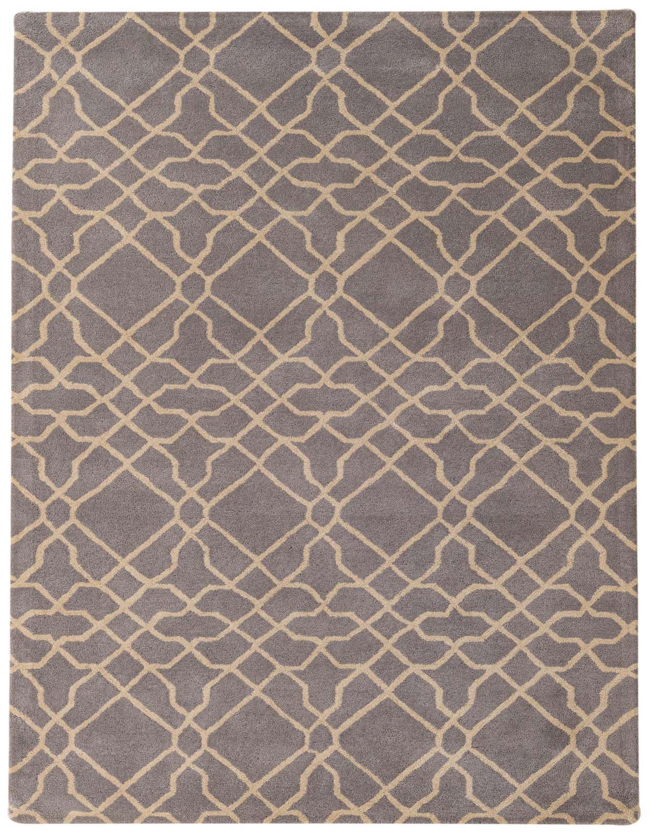 A 5x8 rectangular gray wool rug with a high pile, featuring a modern abstract geometric pattern in light beige.