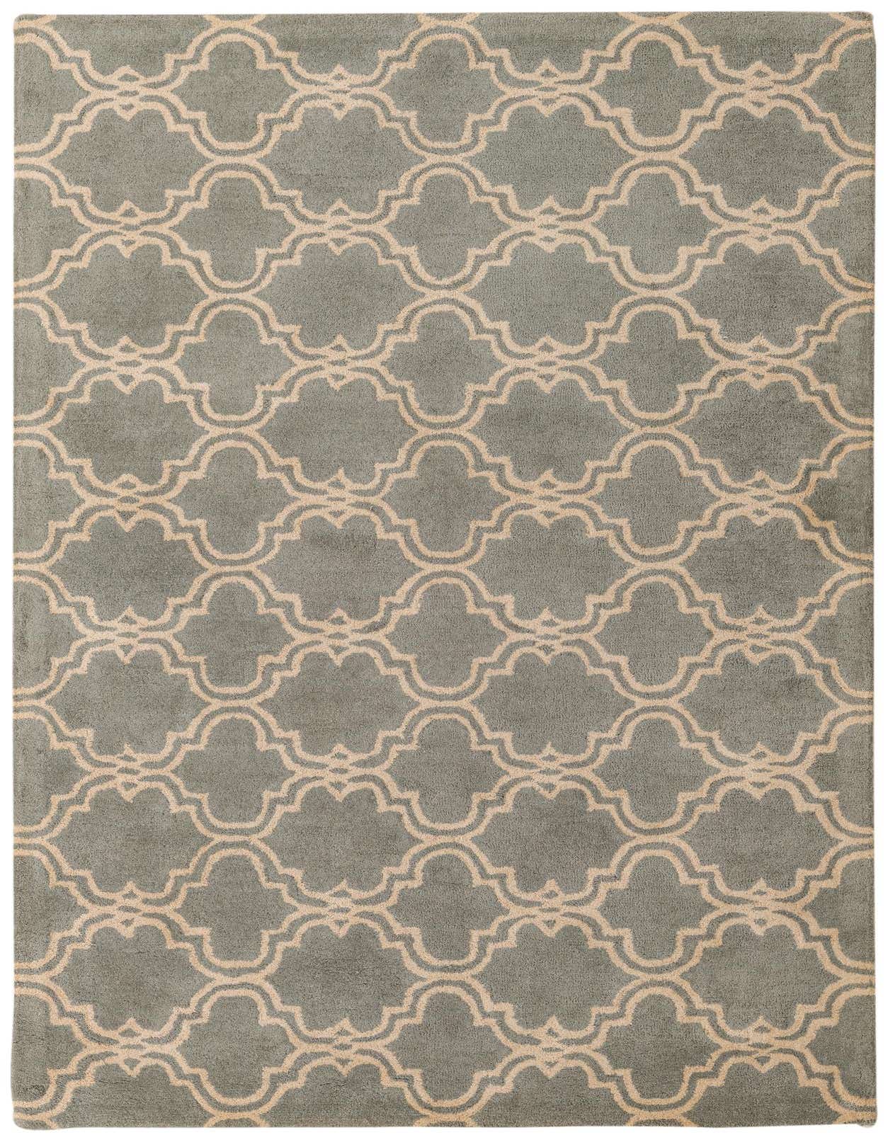A 5x8 rectangular gray wool rug with a high pile and a repeating modern abstract pattern in beige.