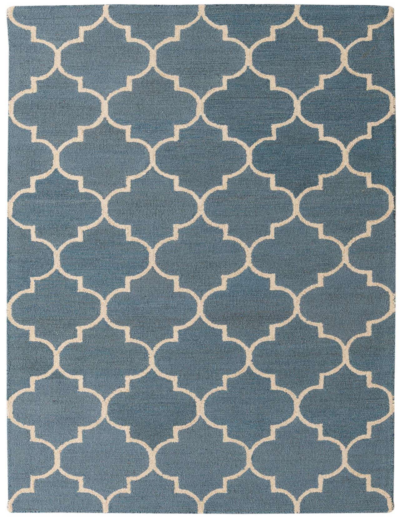 A 5x8 rectangular Luna Collection rug featuring a modern gray and silver abstract trellis pattern, ideal for a living room.