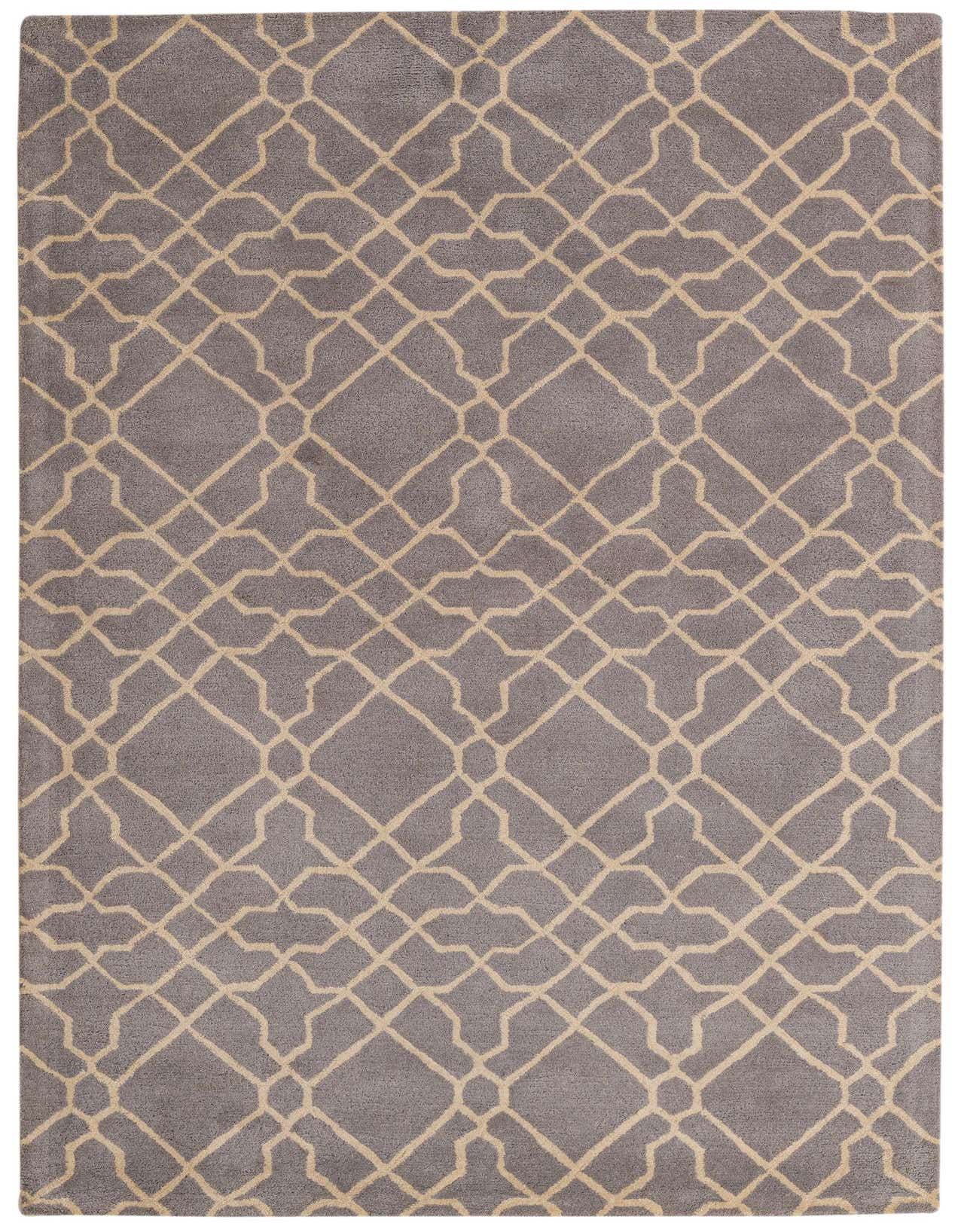 A 5x8 rectangular gray wool rug with a high pile, featuring an abstract beige geometric pattern, suitable for a living room.