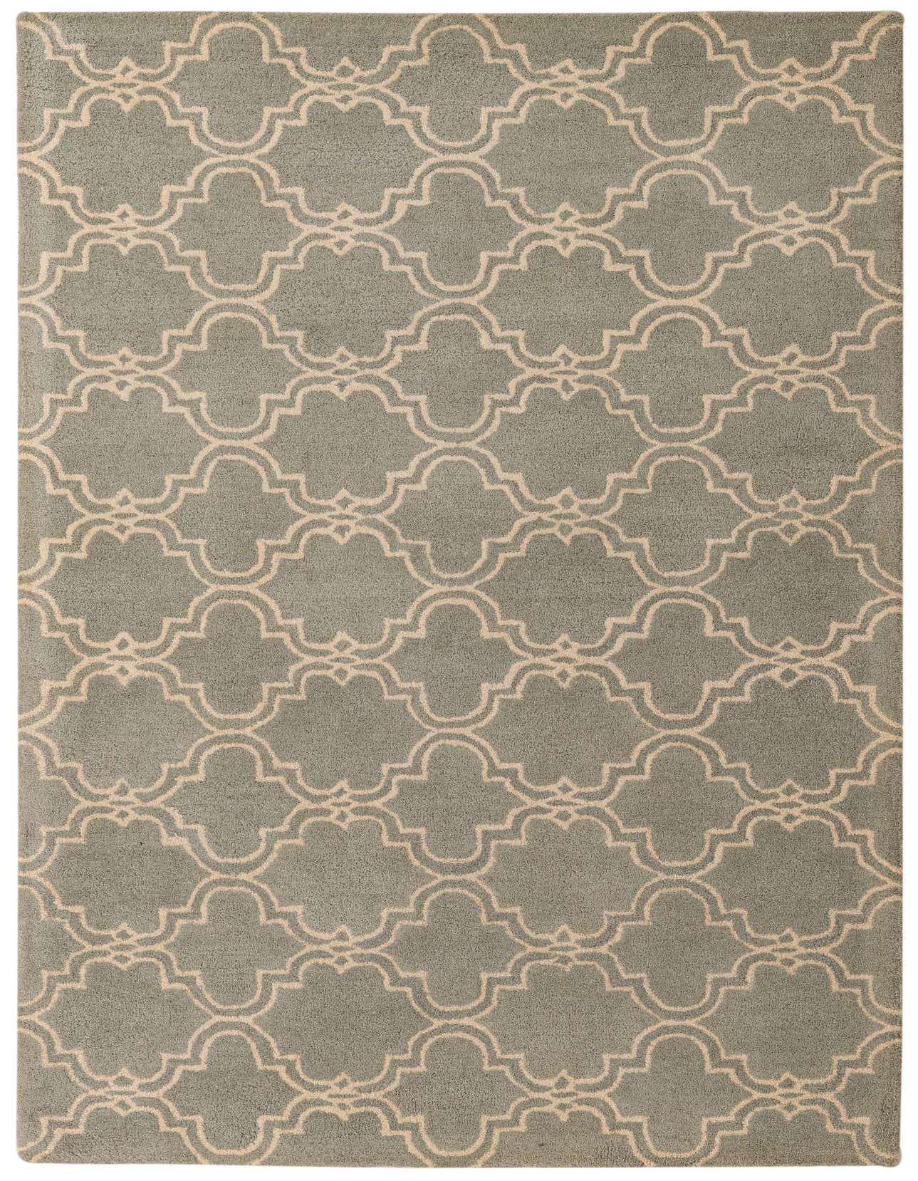 A 5x8 rectangular Luna Collection rug featuring a modern abstract pattern in gray and silver tones, suitable for a living room.
