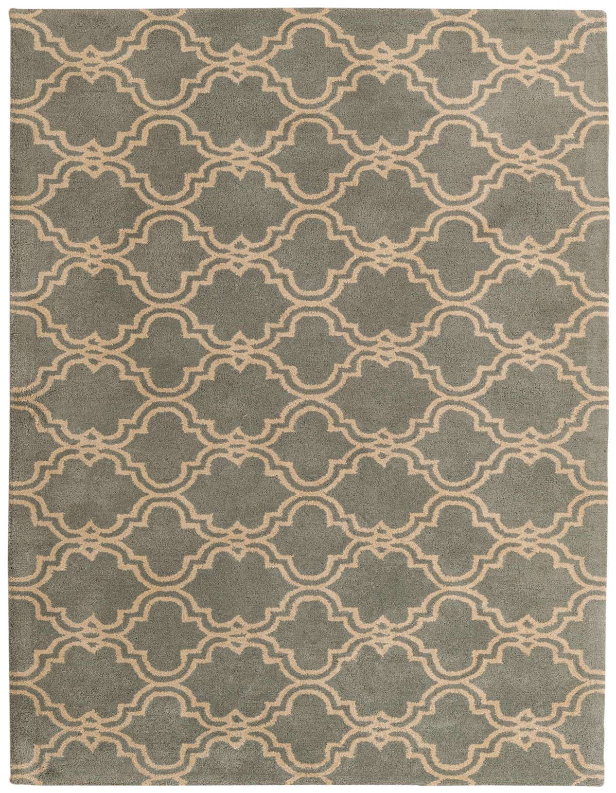 A 5x8 rectangular gray wool rug with a repeating beige modern abstract quatrefoil pattern, suitable for a living room.
