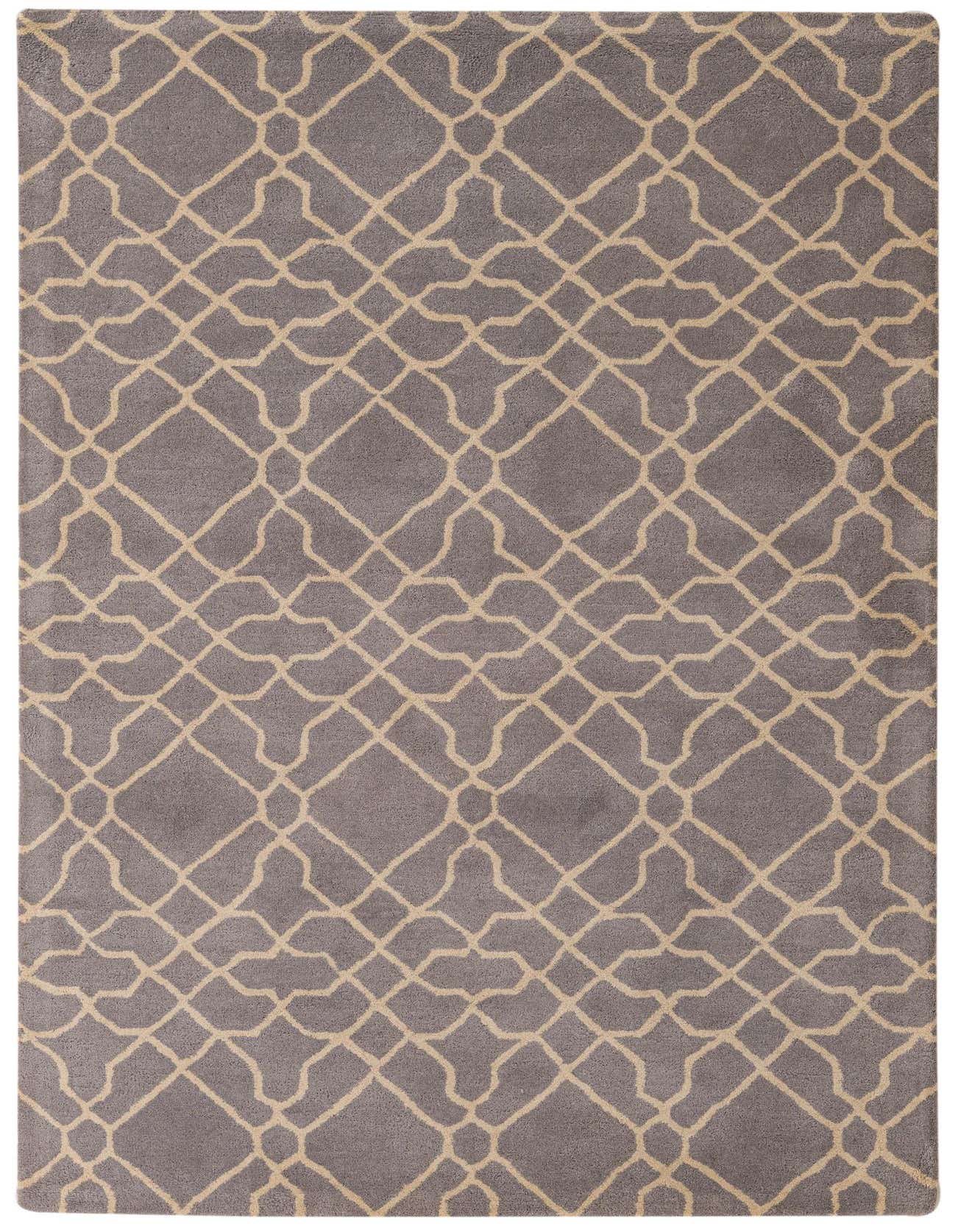 A 5x8 rectangular gray wool rug with a high pile, featuring a modern abstract geometric pattern in light beige.