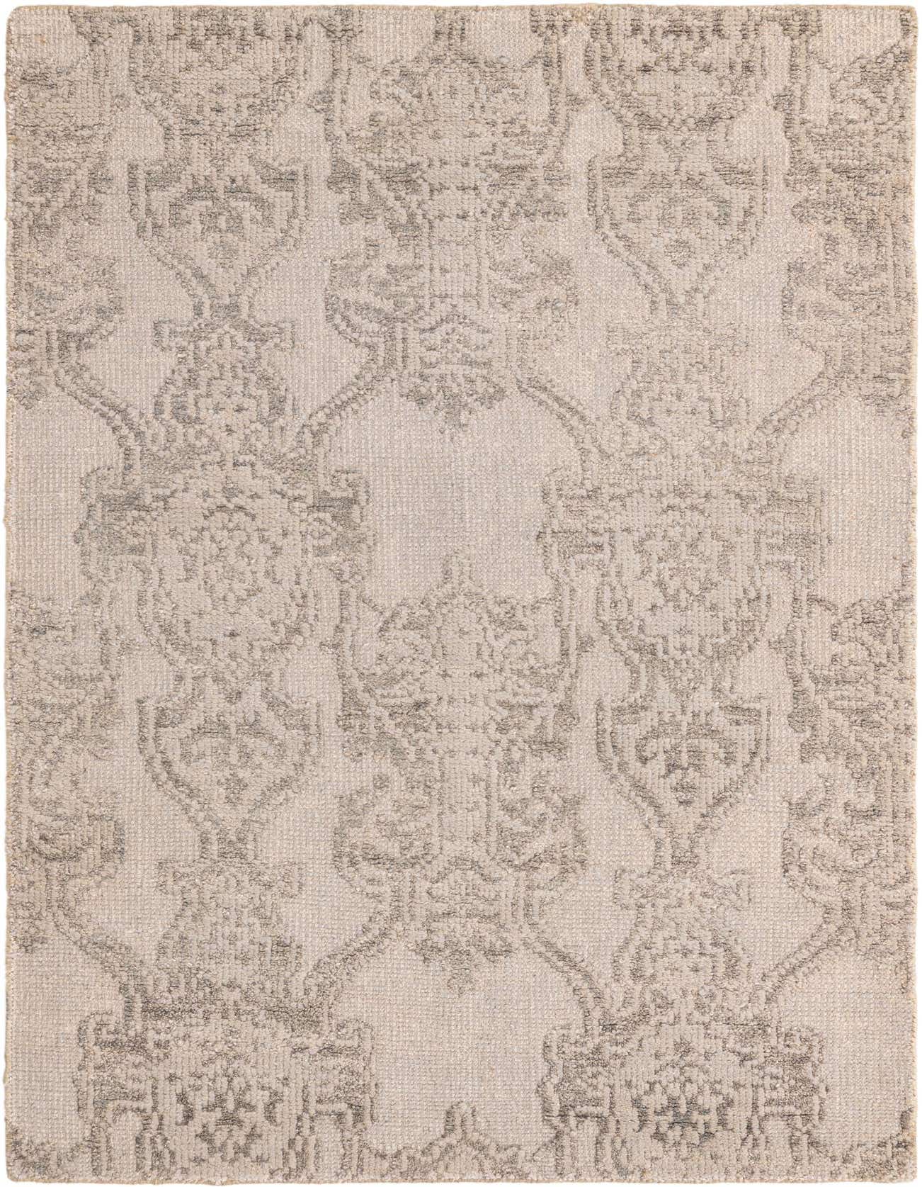 A 4x6 rectangular Luna Collection rug featuring a modern abstract pattern in varying shades of gray and silver.