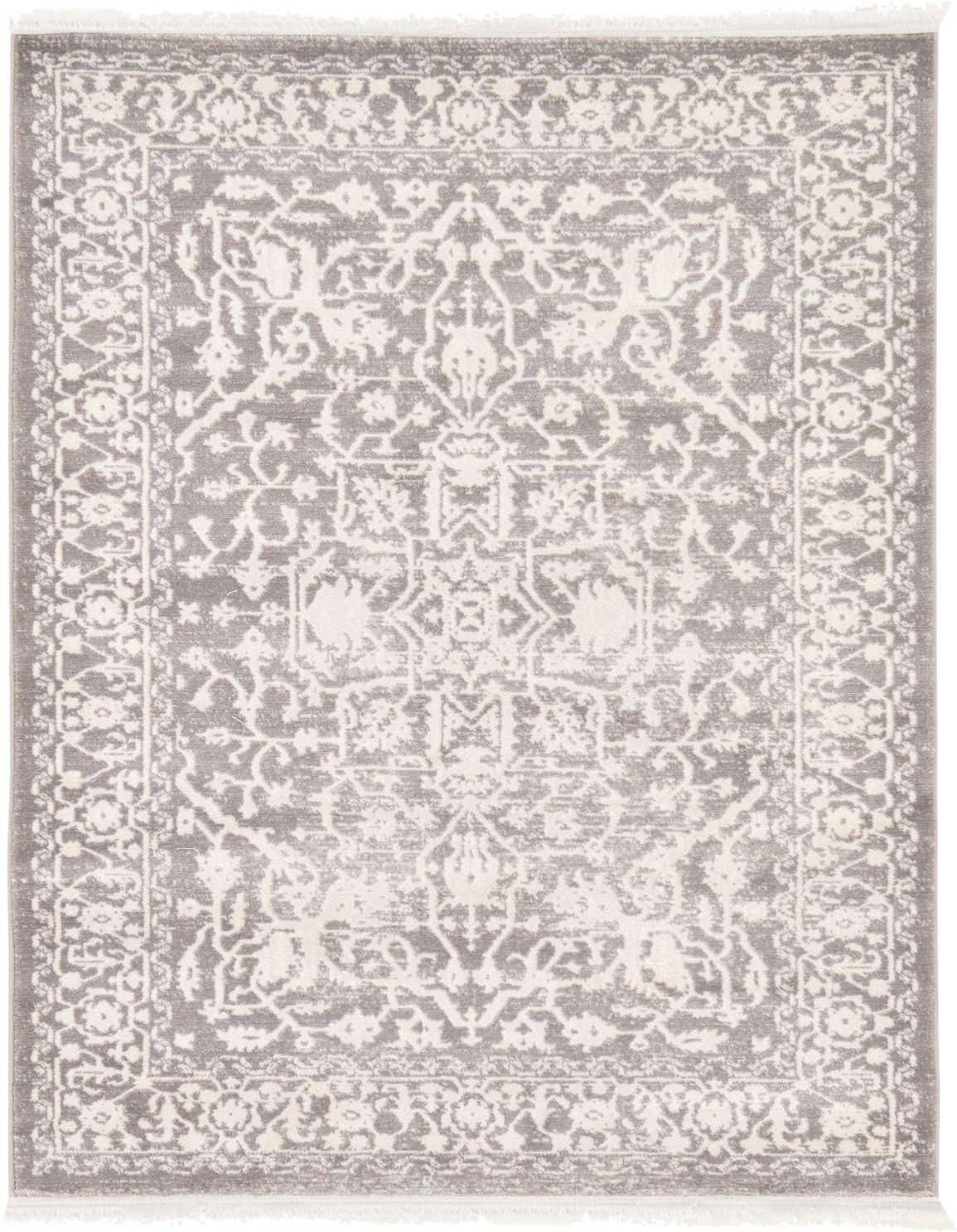 A 3x5 rectangular gray area rug featuring a distressed traditional medallion and botanical pattern with light fringe.