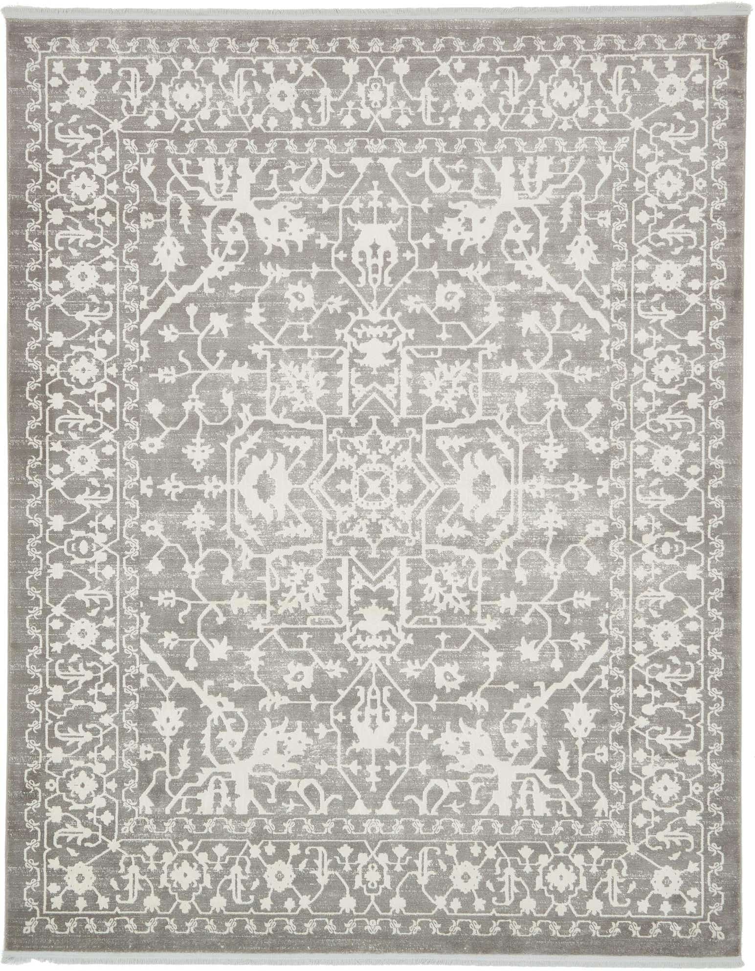 A rectangular 8x10 gray area rug with a distressed white traditional medallion and botanical pattern, suitable for a living room.