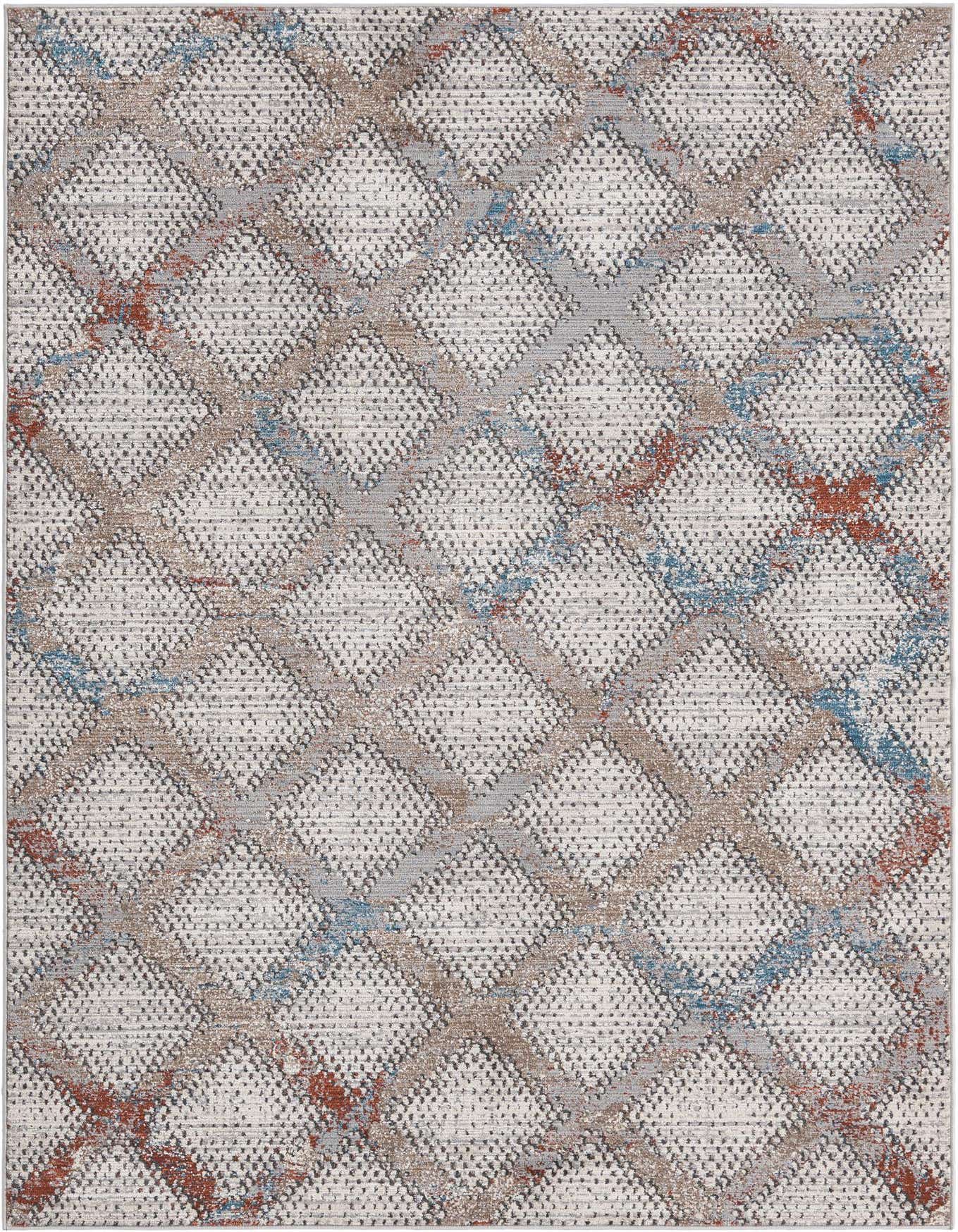 A 5x8 rectangular gray Modern Classical rug with a textured vintage diamond pattern in grays, silvers, and subtle rust and blue accents.