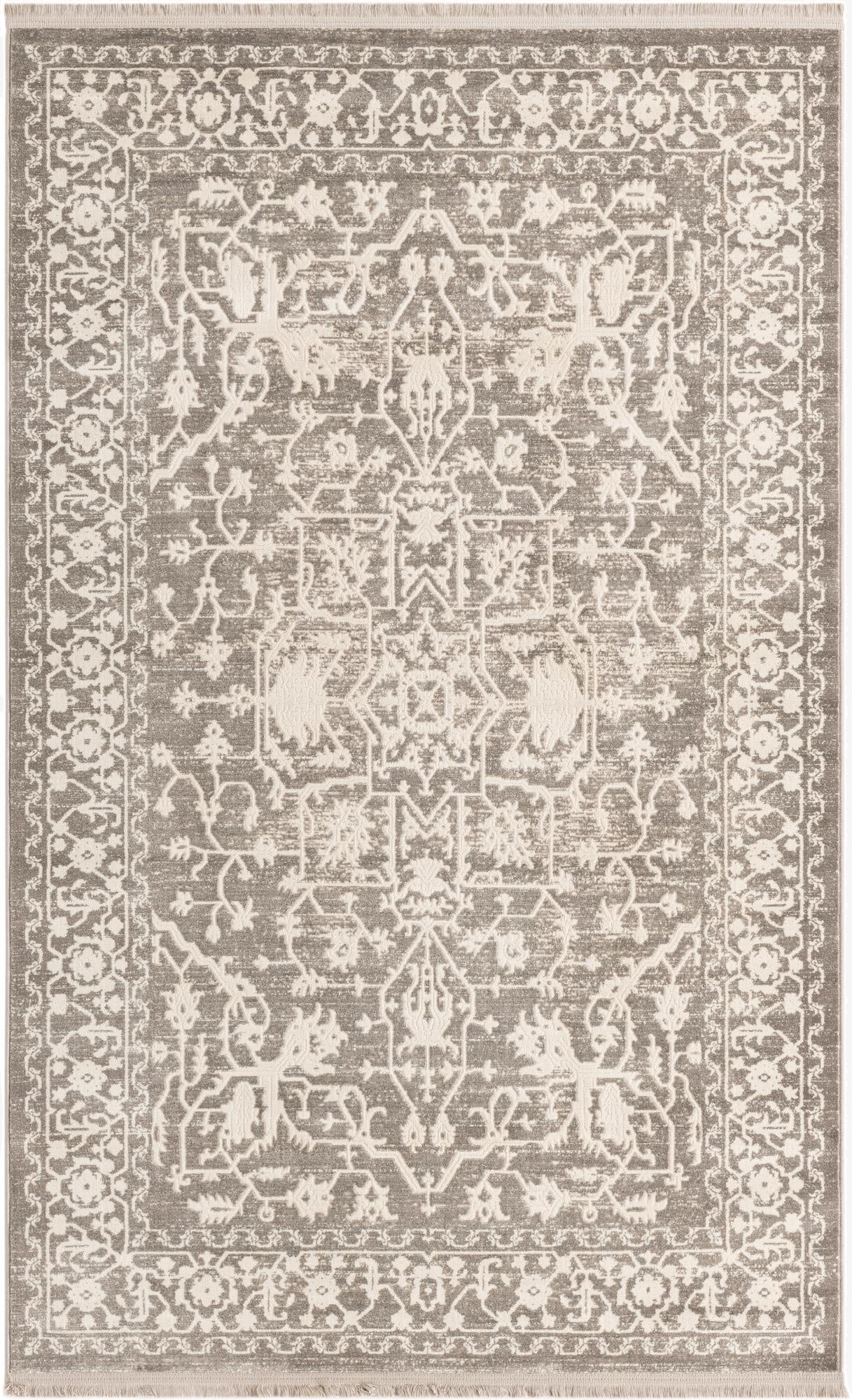 A 5x8 rectangular gray area rug with an off-white distressed traditional medallion and botanical pattern, featuring a textured pile.