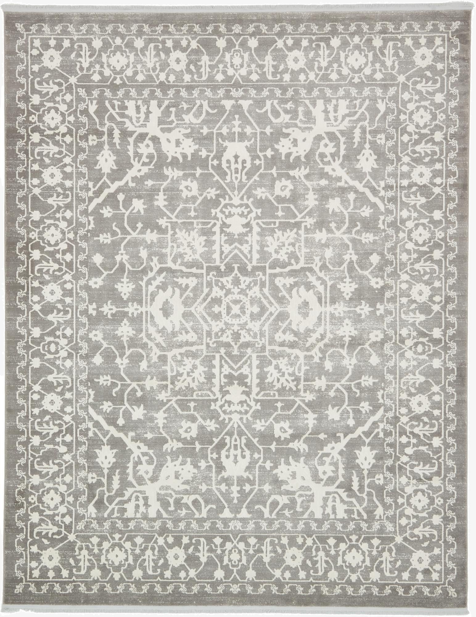 A rectangular 8x10 gray area rug with a distressed white traditional medallion and botanical pattern, suitable for a living room.