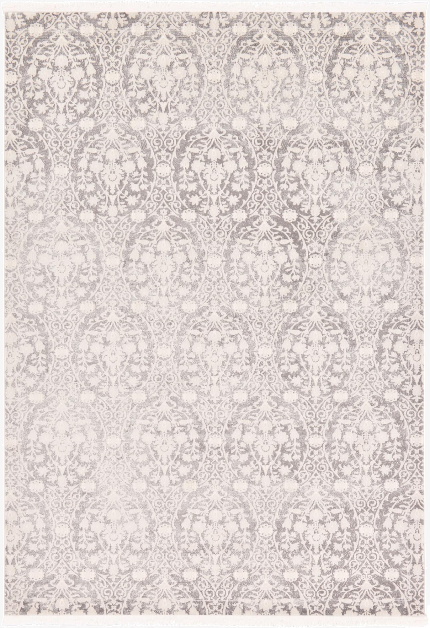 An 8x11 rectangular gray area rug featuring a distressed botanical and floral pattern with a textured pile.