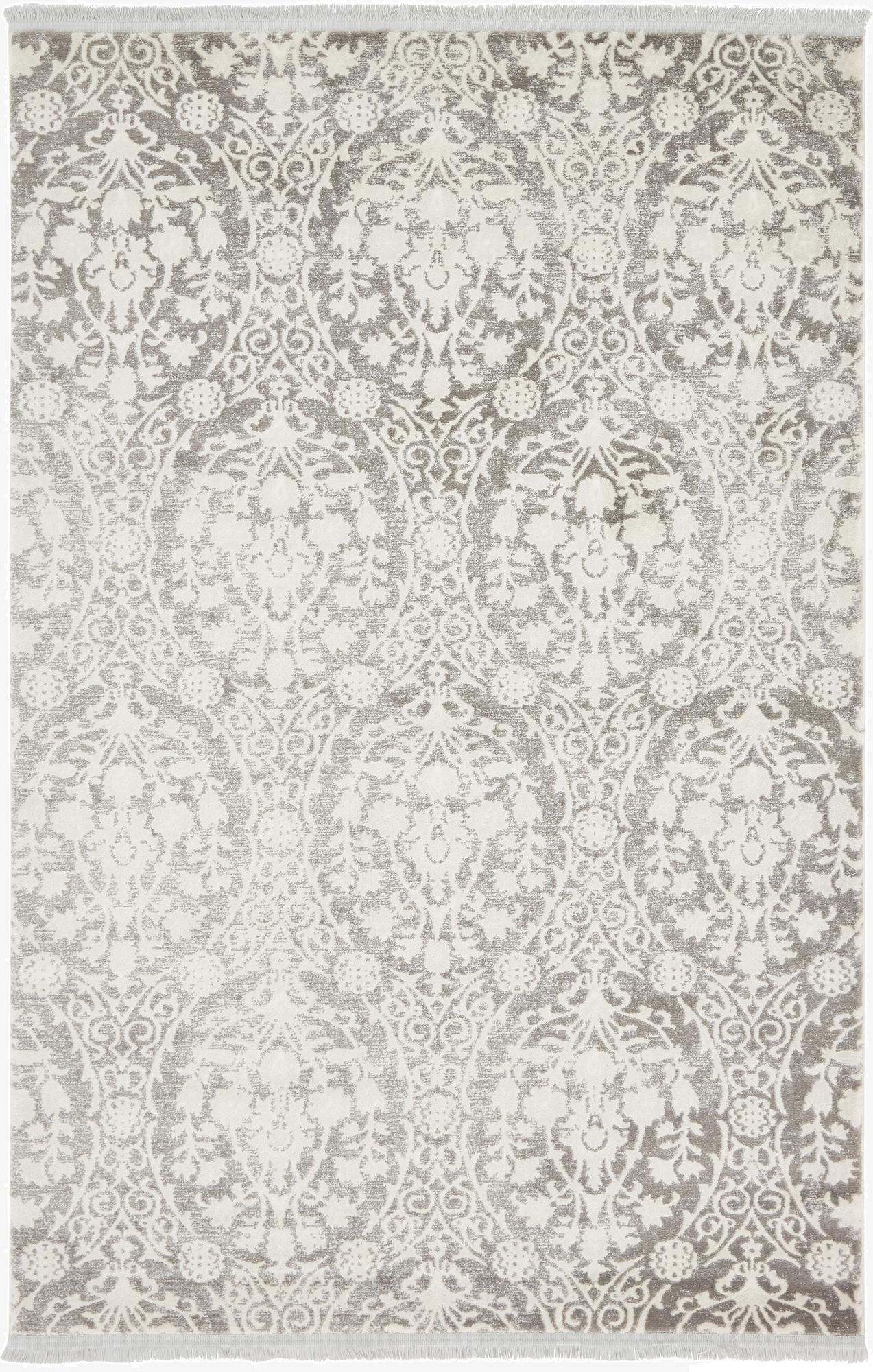 A 4x6 rectangular gray and silver area rug with an intricate distressed floral and botanical pattern, featuring a textured pile.