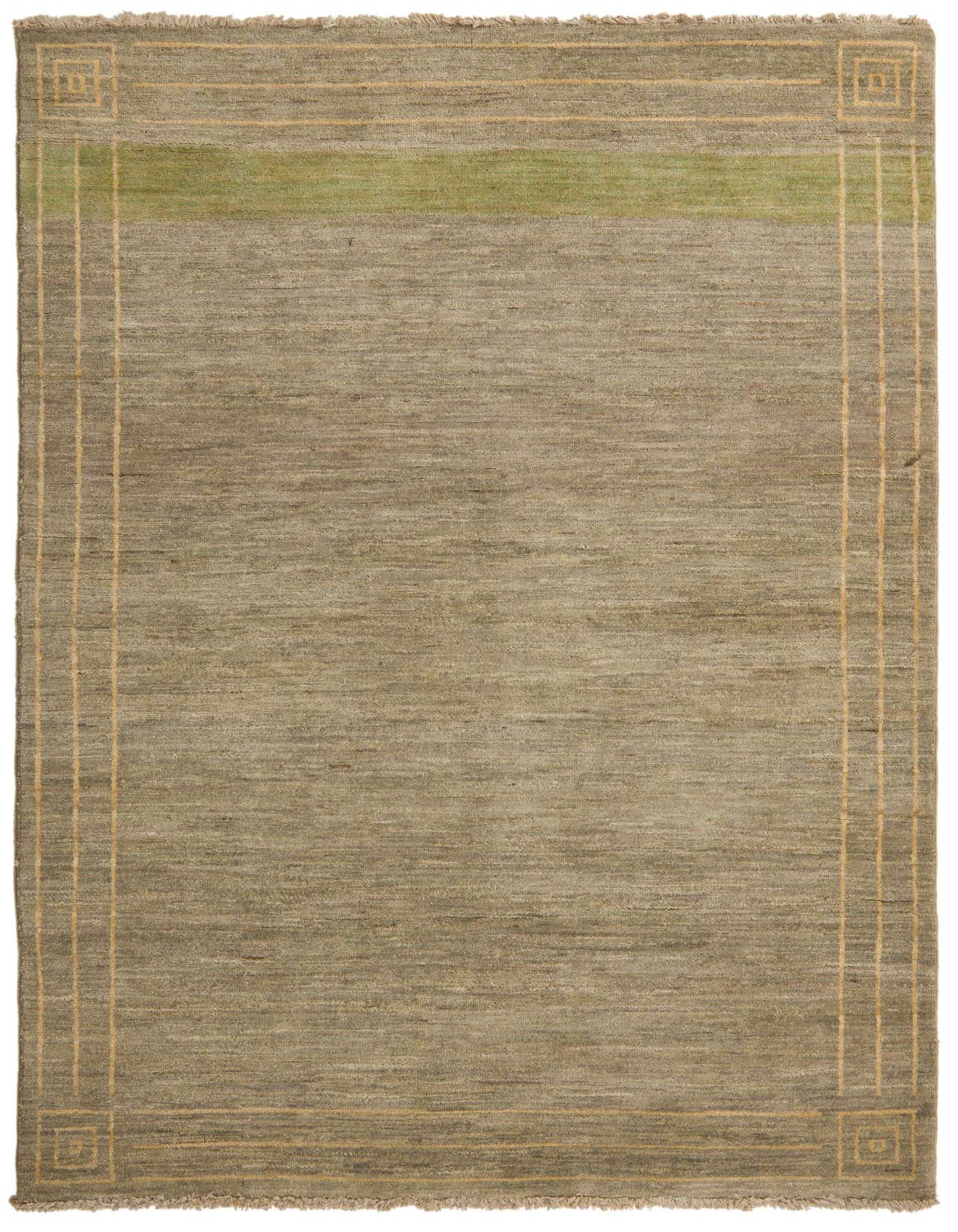A 4x6 rectangular gray Modern Ziegler wool rug with a subtle green stripe and geometric border.