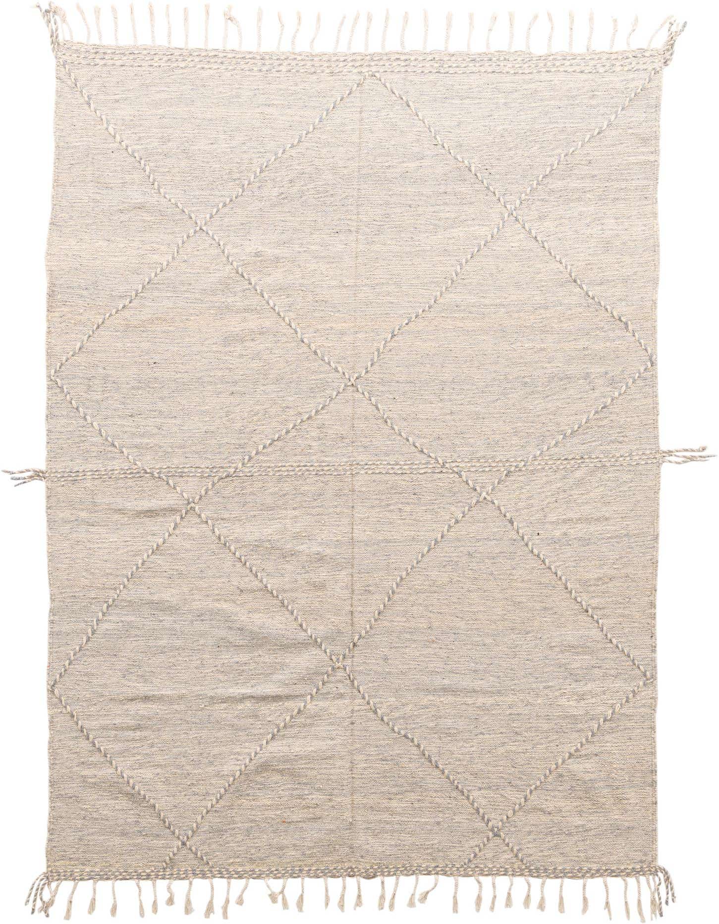 A 7x10 rectangular gray wool shag rug with a tribal diamond pattern and fringe, suitable for a living room.