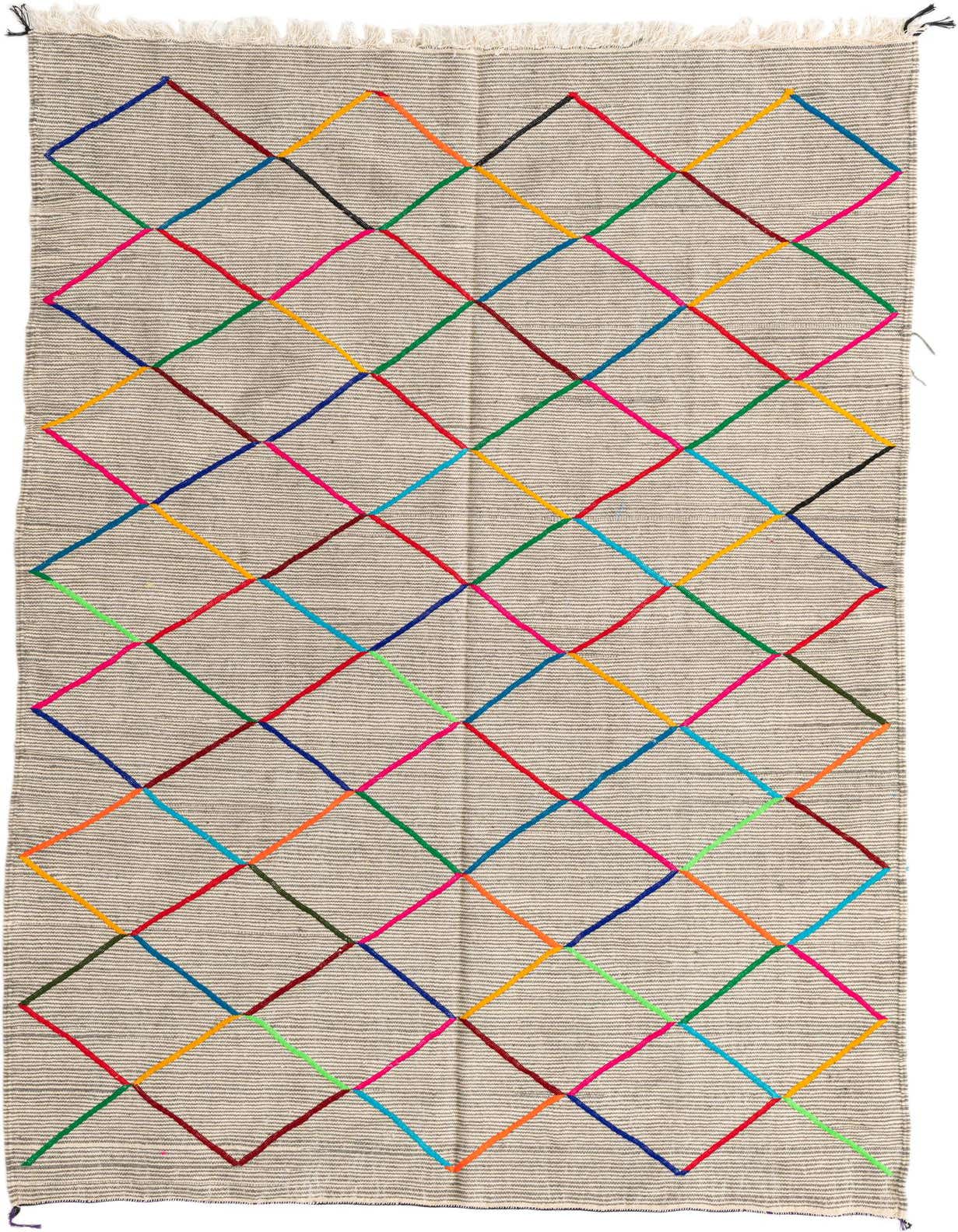 A 5x8 rectangular gray wool shag rug with a vibrant, colorful tribal diamond pattern, ideal for a living room.