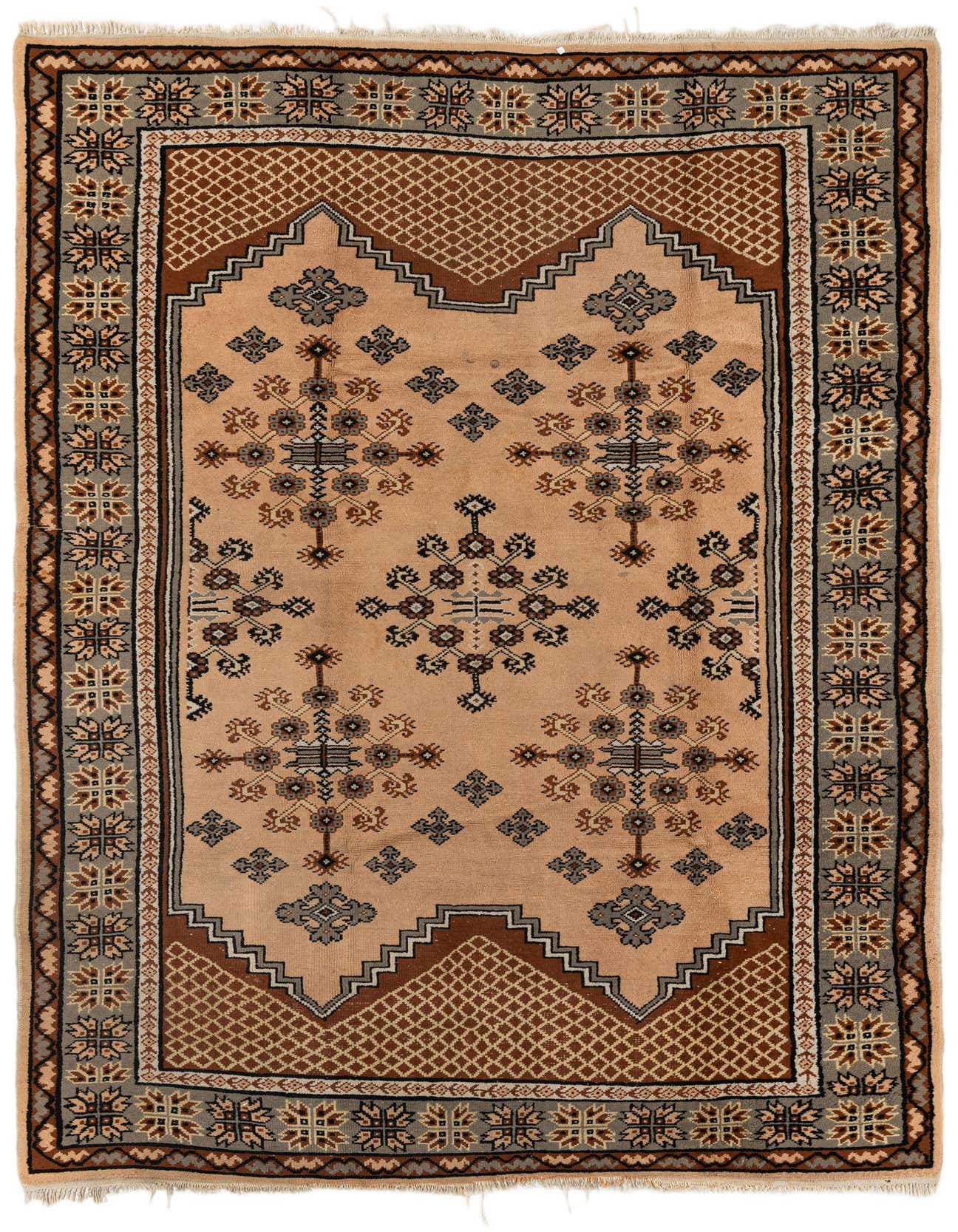 A rectangular 6x9 Moroccan wool rug with a light beige field, tribal motifs in gray and brown, and a detailed border.