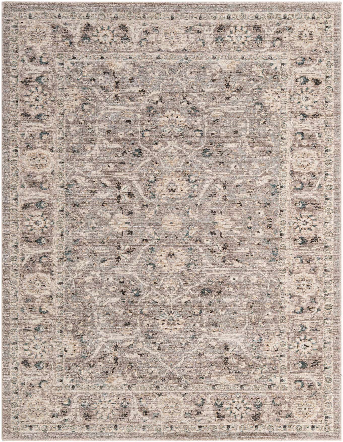 A 5x8 rectangular gray traditional rug with an oriental pattern and intricate floral border.