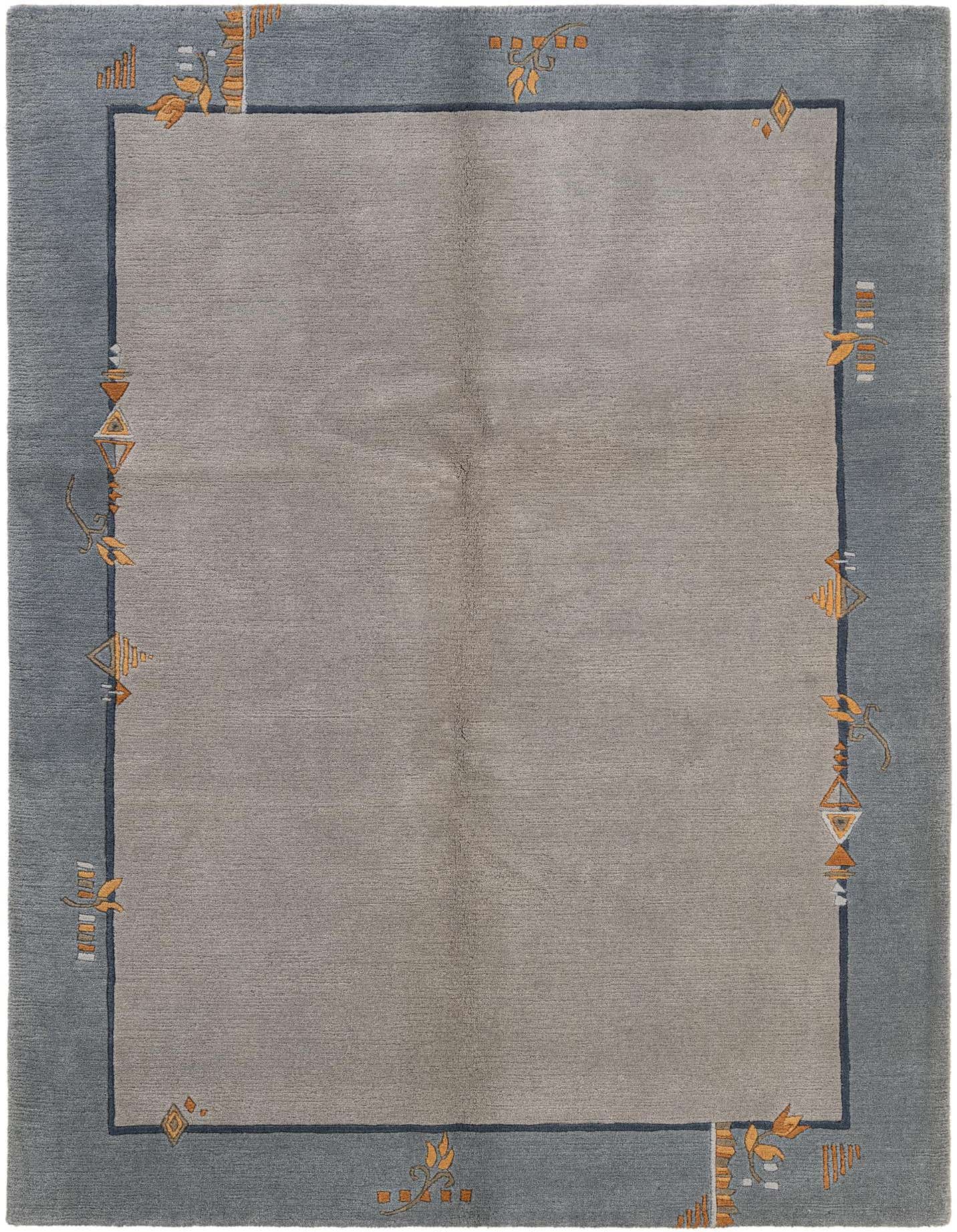 A 5x7 rectangular gray wool rug with a wide blue-gray border featuring abstract gold and orange leaf-like and geometric patterns.