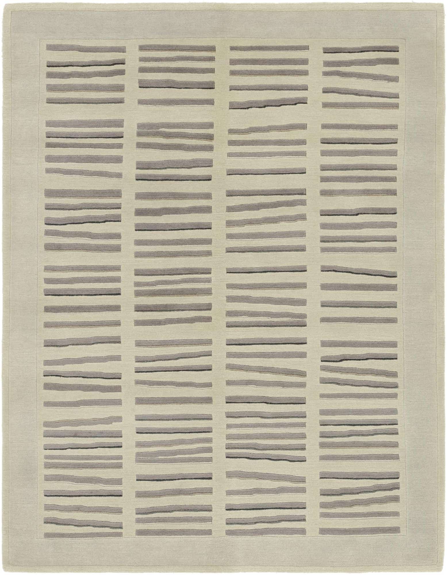 A 4x6 rectangular Nepal rug with a modern stripe pattern in varying shades of gray and silver on a light background, with a solid border.