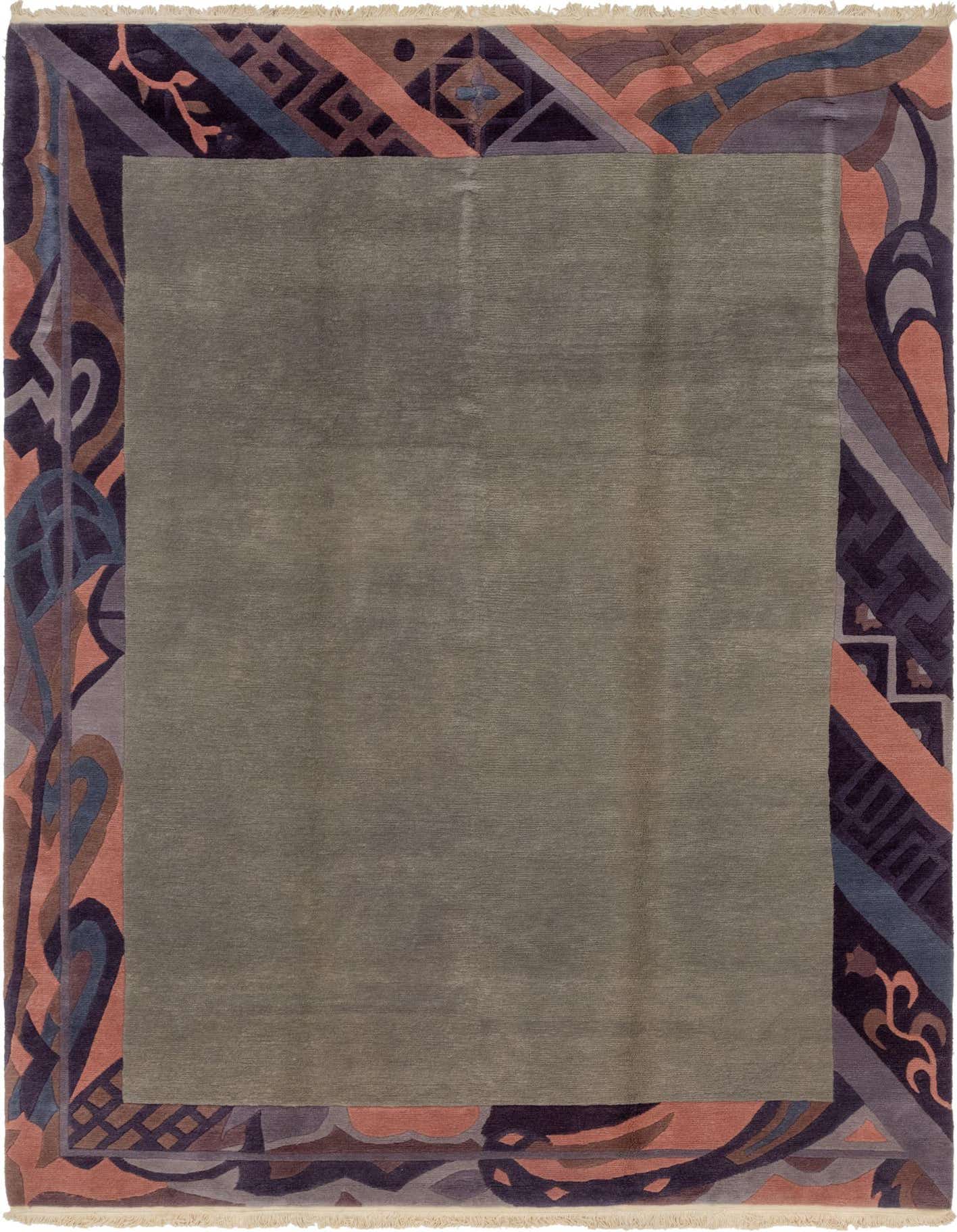 An 8x11 rectangular gray wool rug with a wide, multi-colored abstract and Oriental border in shades of purple, blue, and peach.