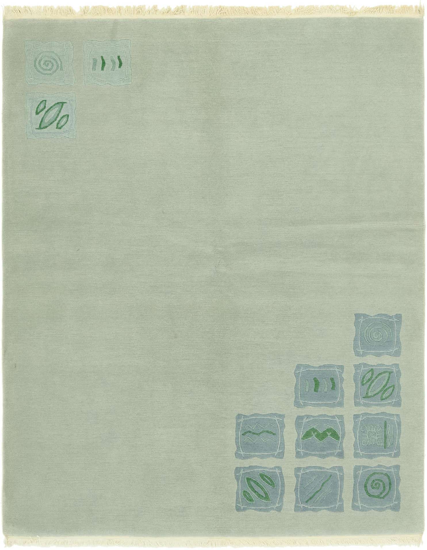 A 6x9 rectangular gray wool rug with a modern abstract pattern of light blue and green squares and swirls.