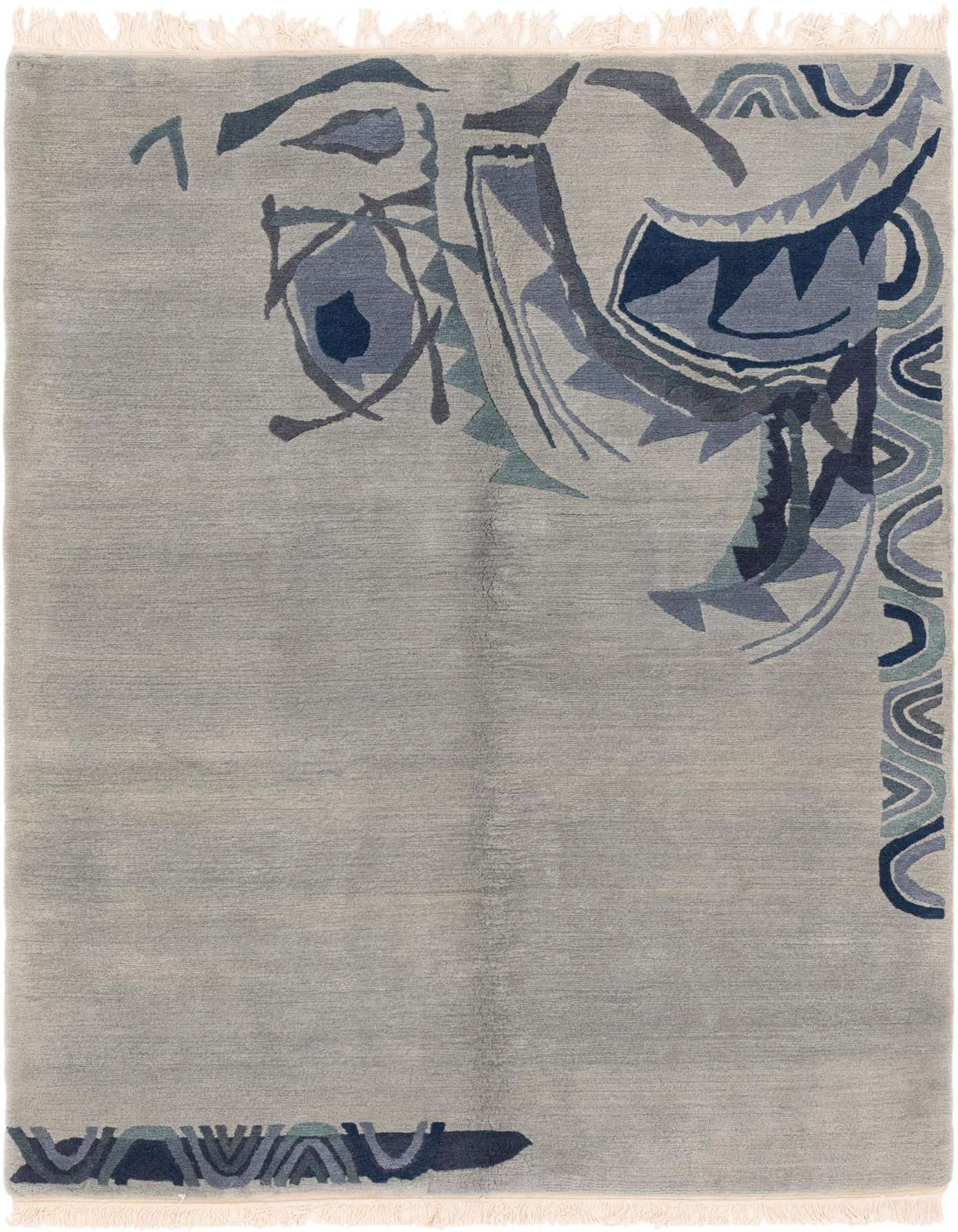 A 5x7 rectangular gray wool rug with an abstract modern design in shades of blue and gray, featuring playful shapes and patterns.