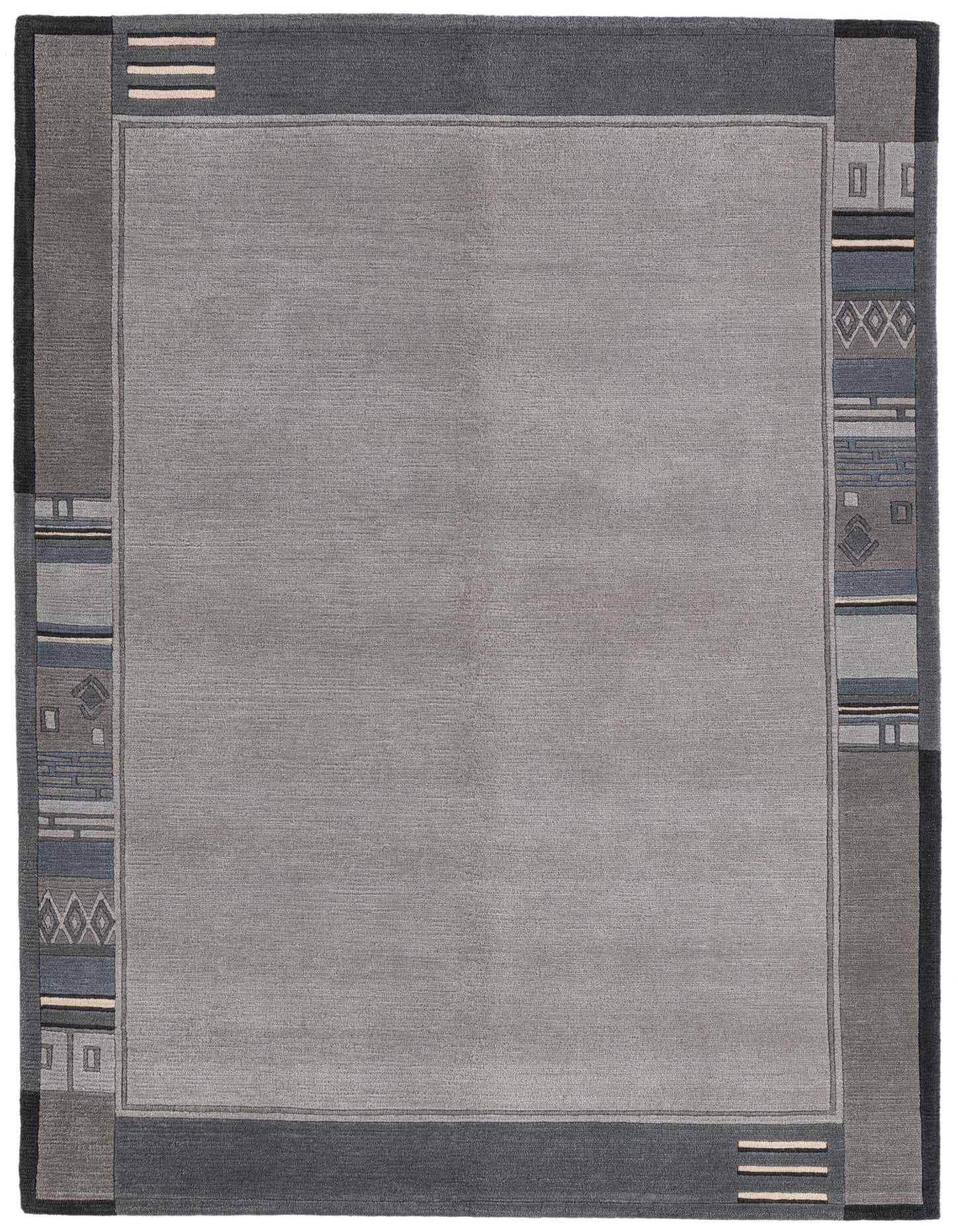 A 4x6 rectangular gray wool rug with a modern abstract border in varying shades of gray, blue, and light pink.