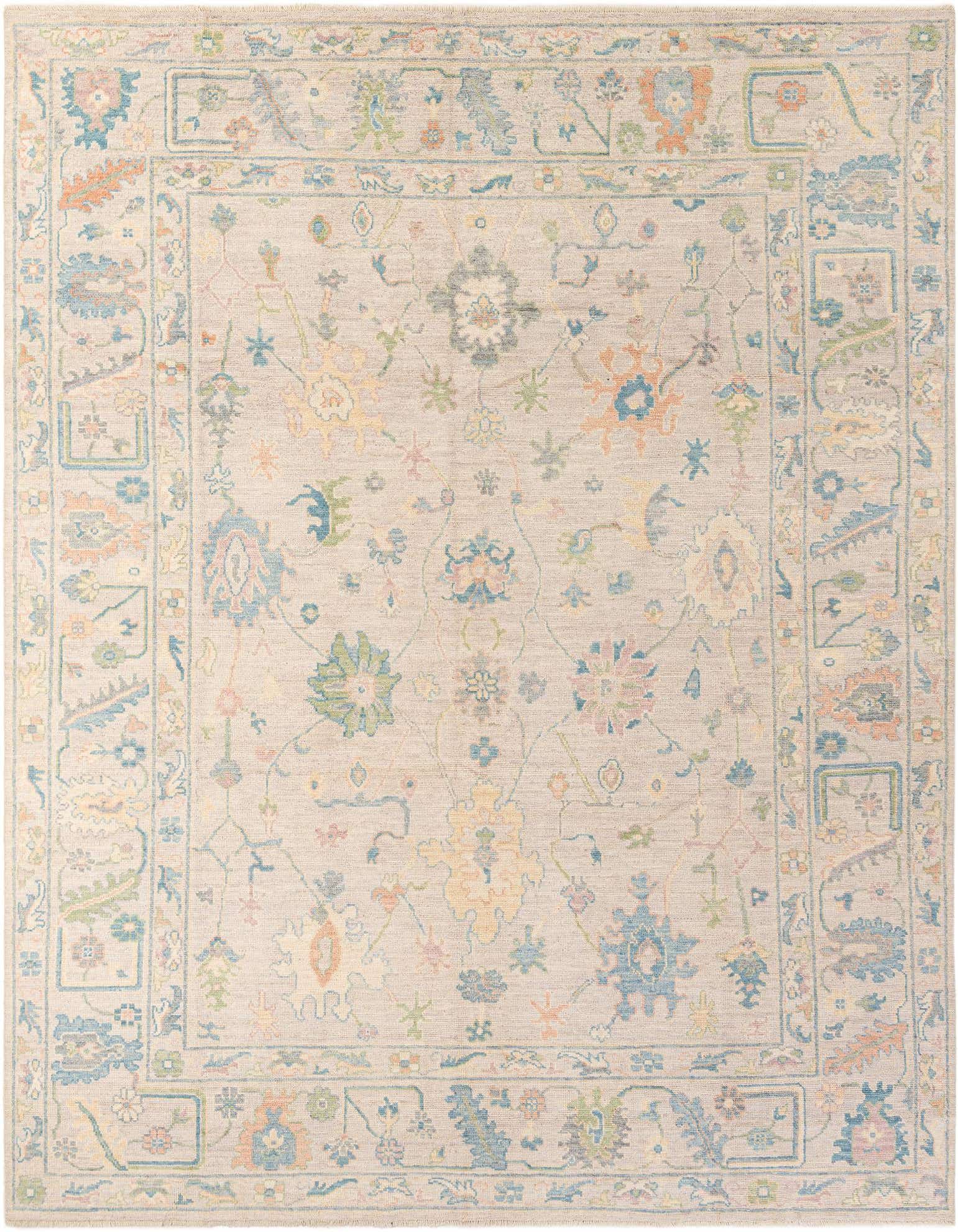 A 9x12 rectangular gray wool rug with a modern floral pattern in muted blues, greens, and oranges.