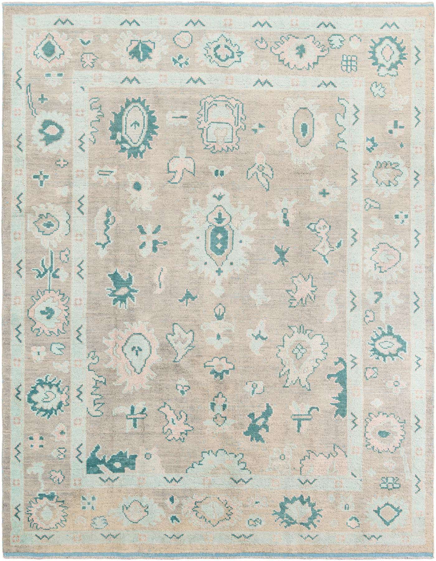 An 8x12 rectangular Oushak rug in gray with a modern pattern of teal, light blue, and pink floral motifs.