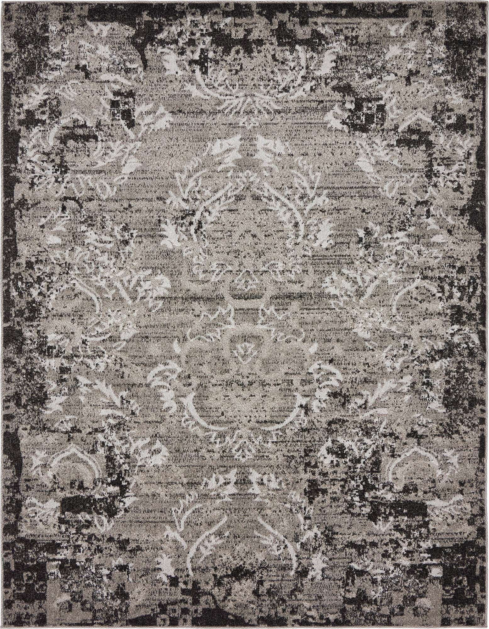 A 5x8 rectangular gray indoor/outdoor rug with a distressed traditional botanical pattern and dark borders.