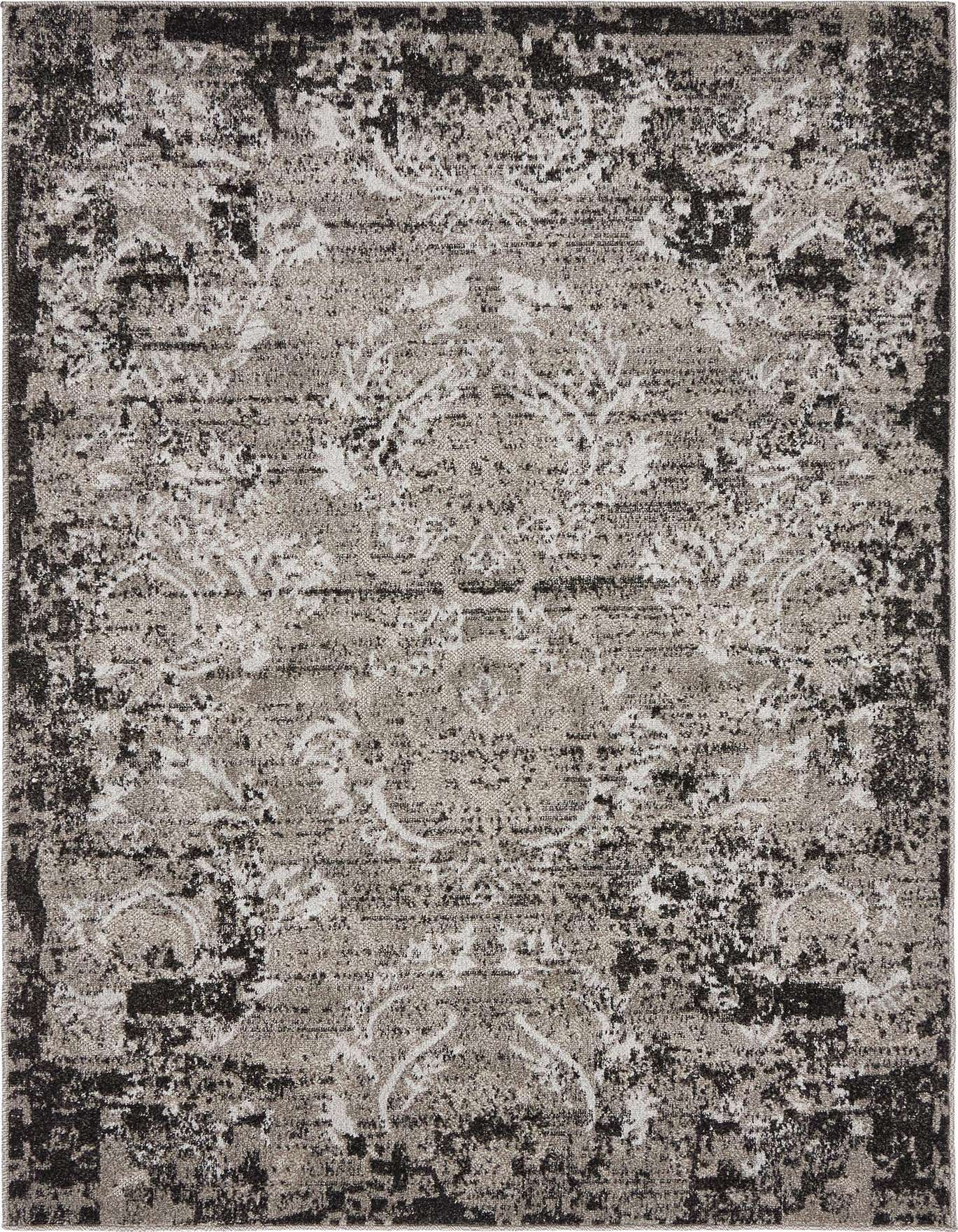 A 4x6 rectangular gray and silver indoor/outdoor rug with a distressed traditional botanical pattern, suitable for a patio or living room.