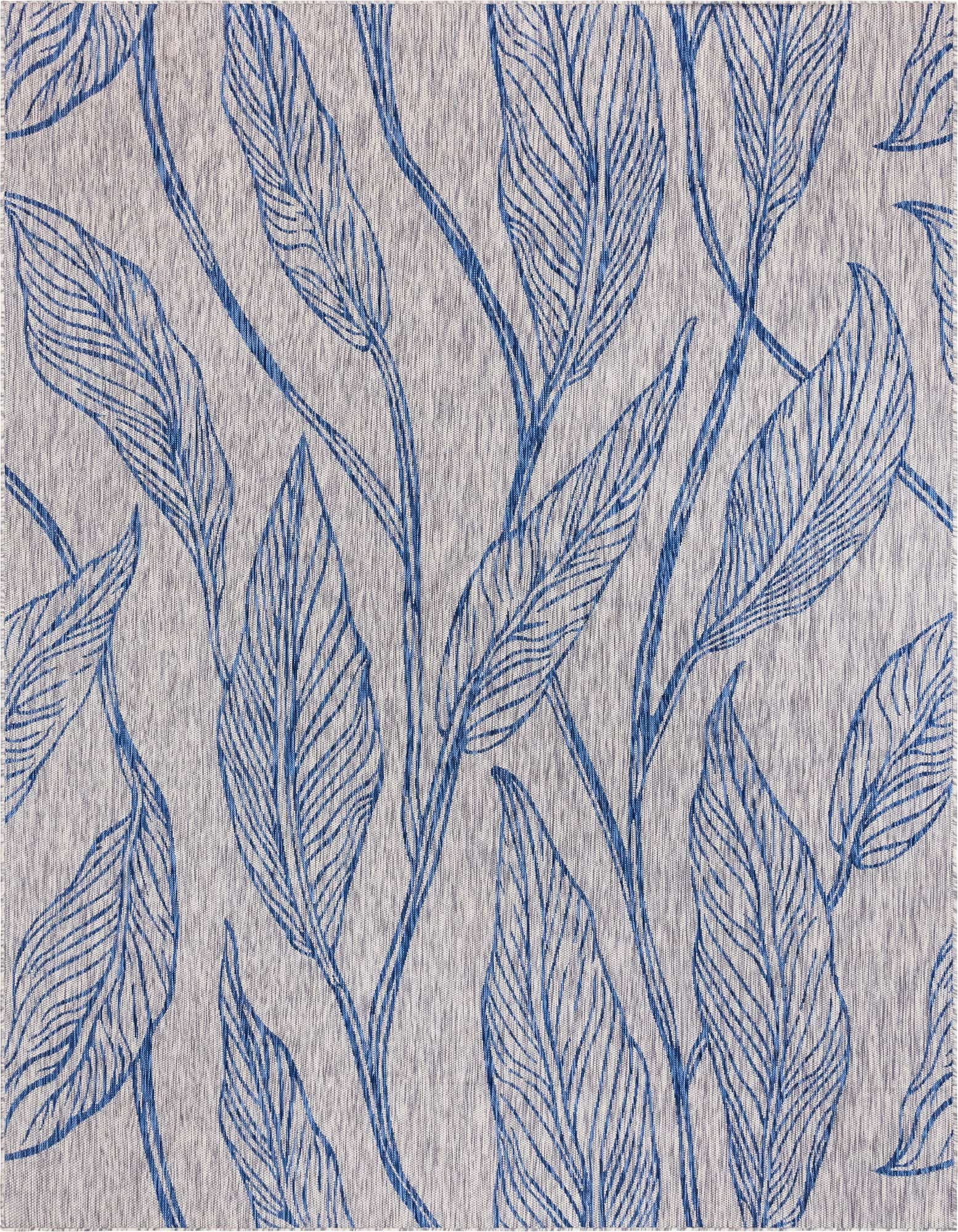 A 9x12 rectangular gray flatweave rug with a modern botanical pattern of large blue leaves and vines.