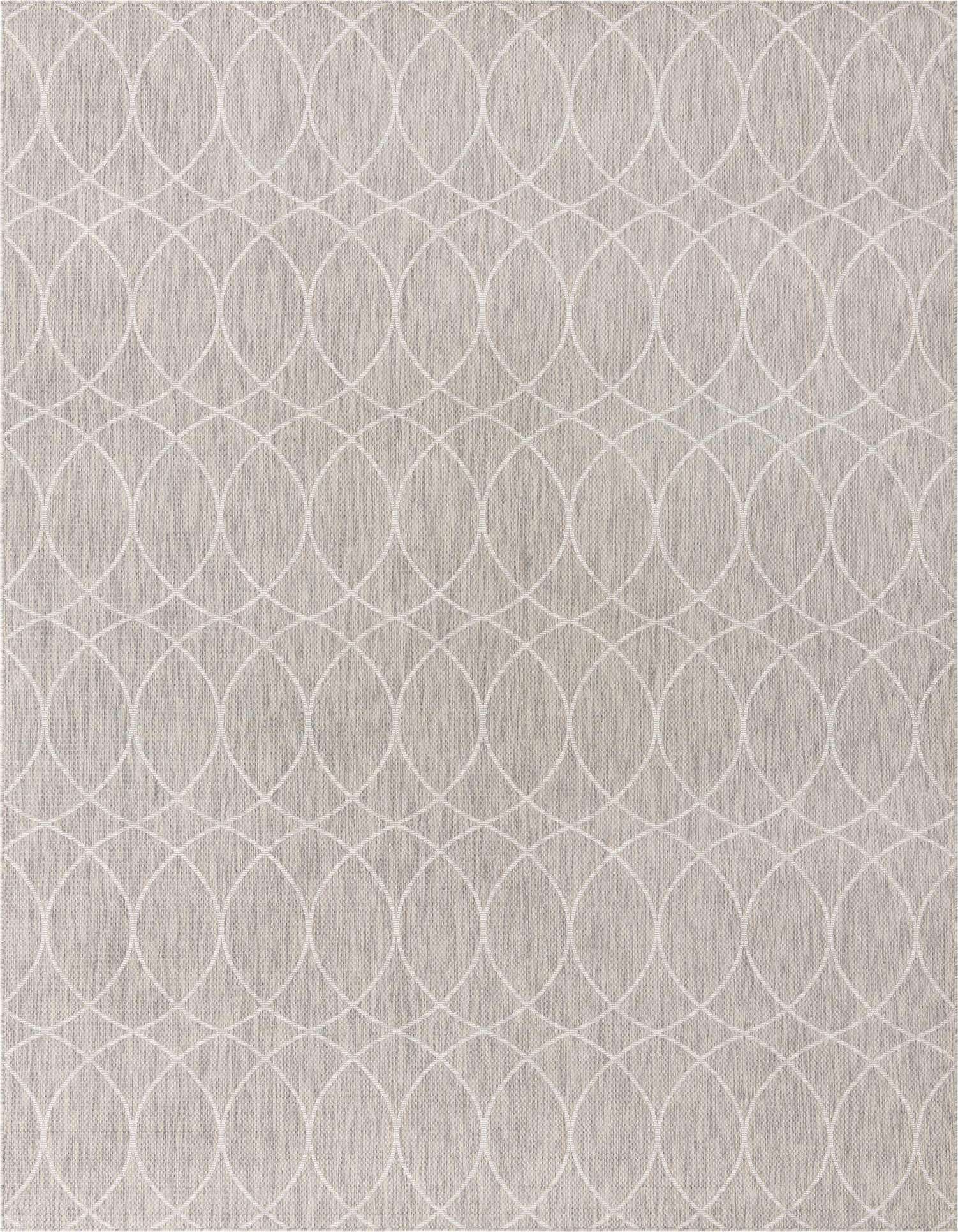 A 9x12 rectangular gray area rug featuring a modern trellis pattern of interlocking white ovals, suitable for indoor or outdoor use.