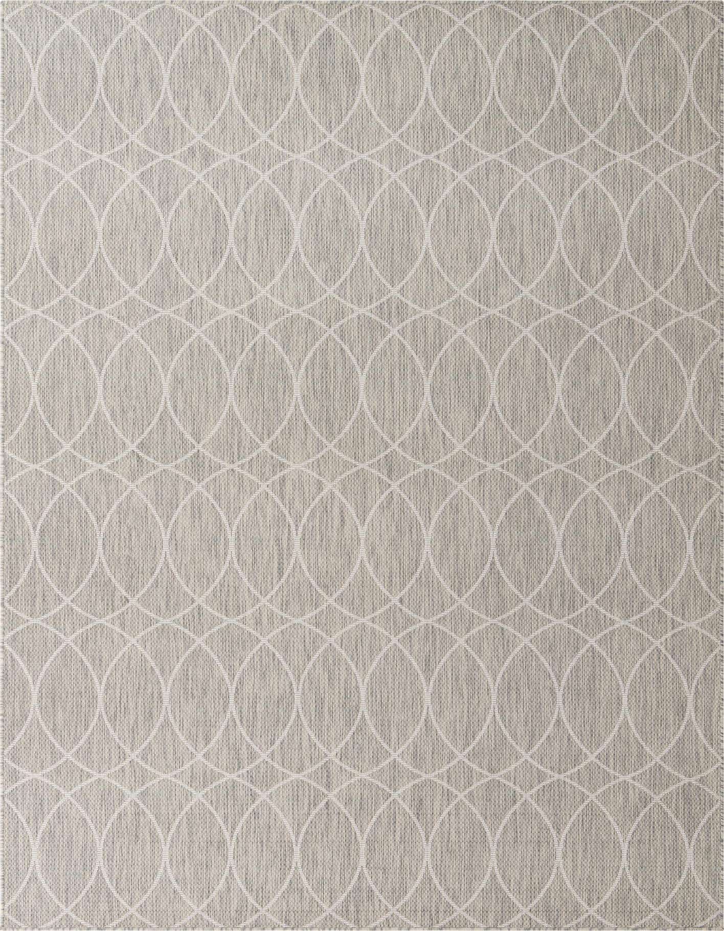 A rectangular 8x11 gray indoor/outdoor rug with a modern trellis pattern of interlocking white ovals.