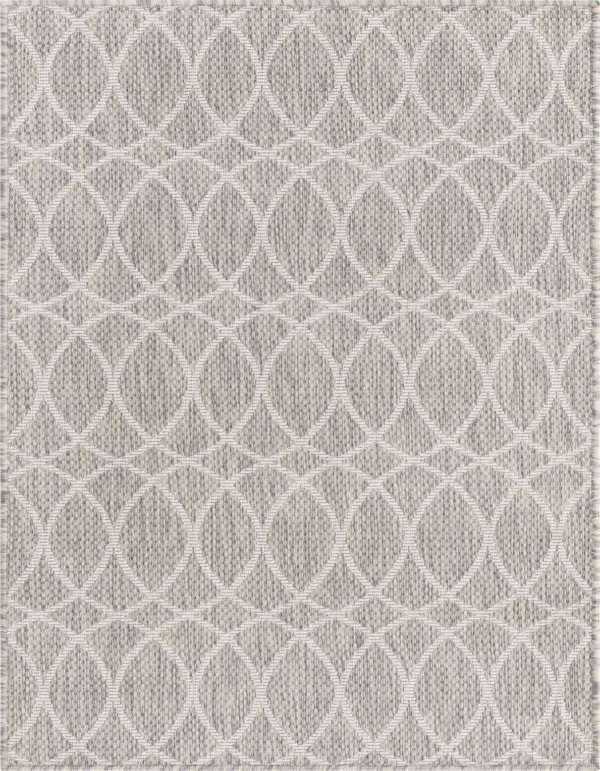 A 3x5 rectangular gray indoor/outdoor rug with a modern trellis pattern, suitable for patios or entryways.