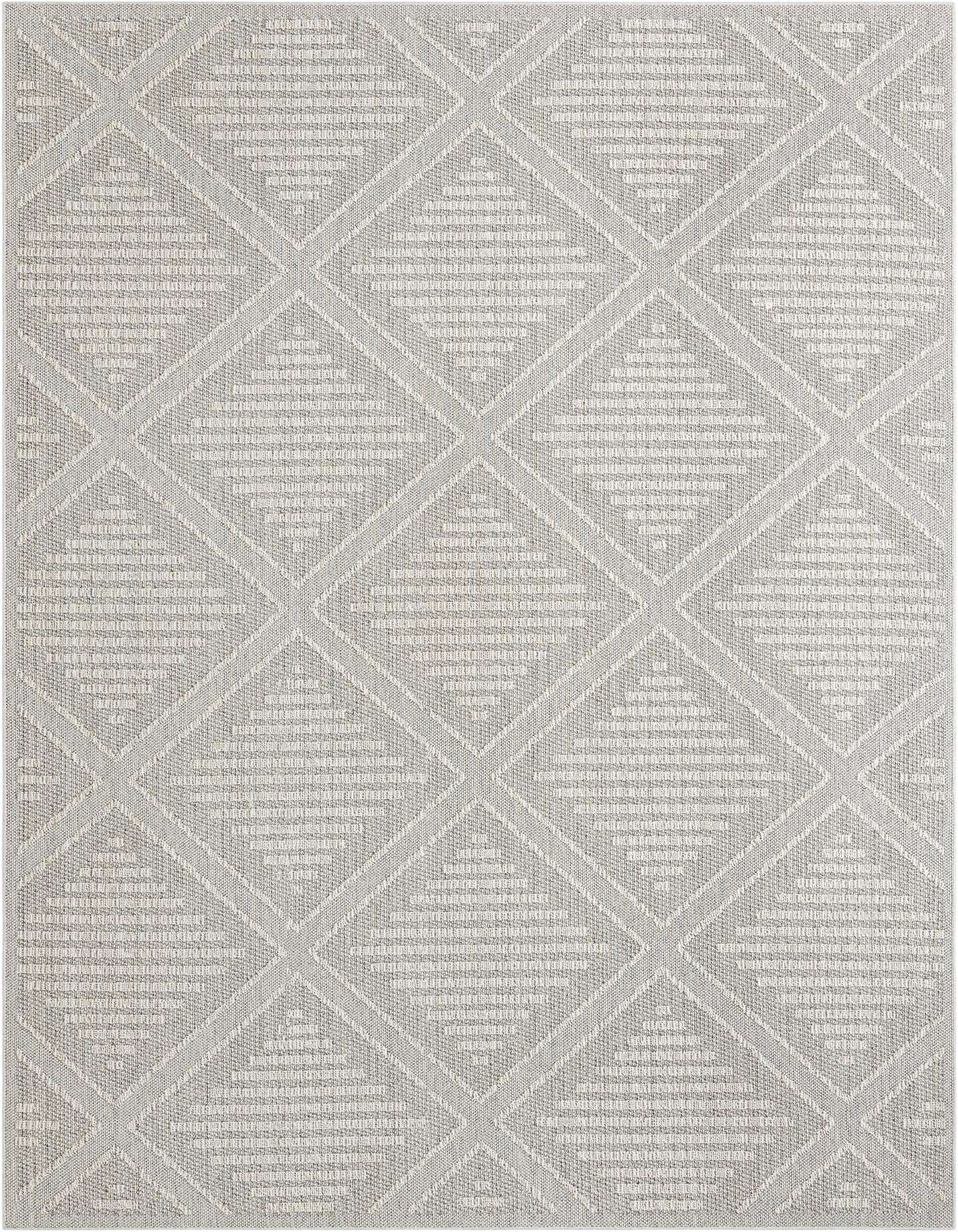 A 10x14 rectangular gray indoor/outdoor rug with a modern lattice diamond pattern, ideal for a patio.