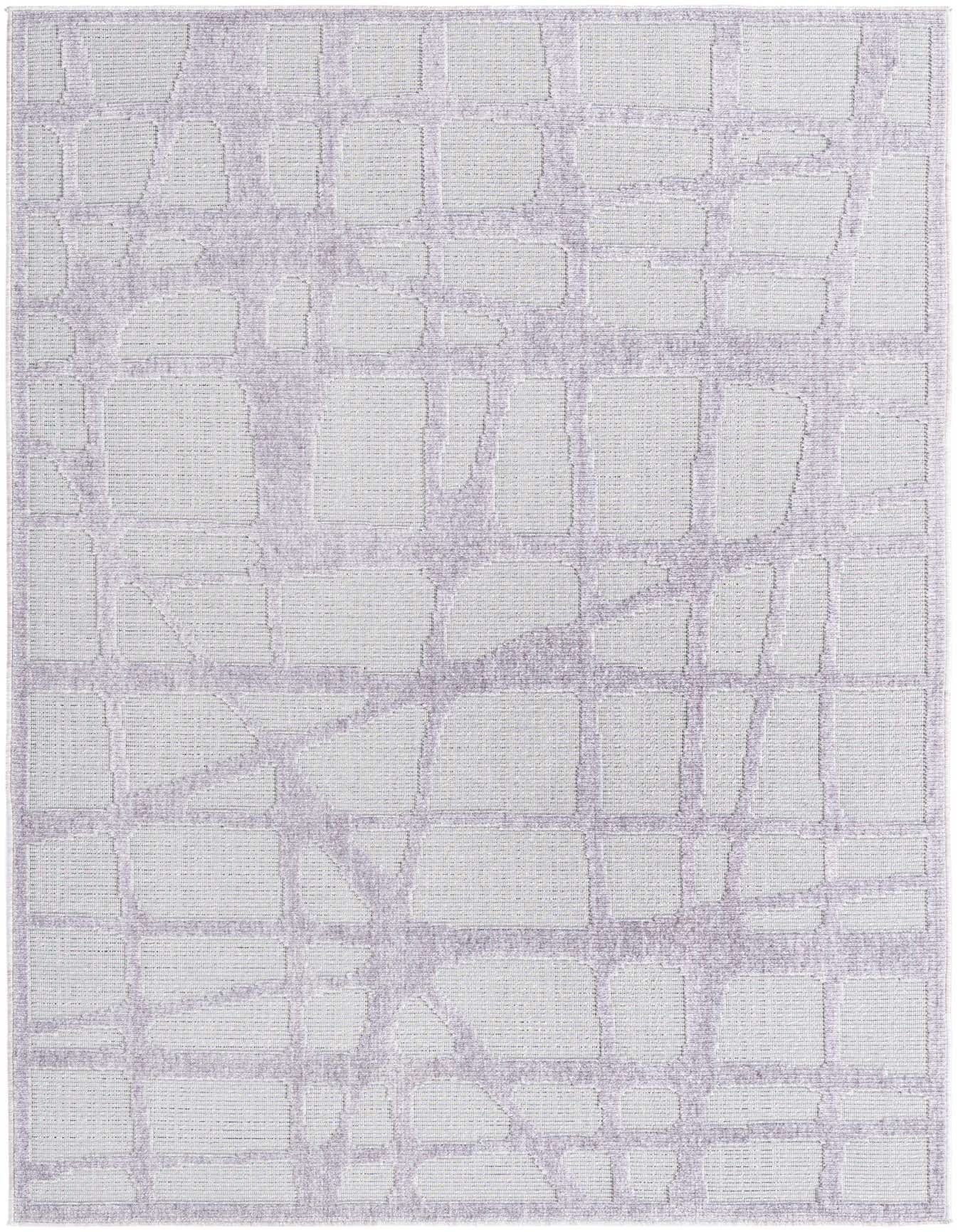 A 5x8 rectangular gray modern area rug with an abstract grid pattern, suitable for indoor or outdoor spaces.