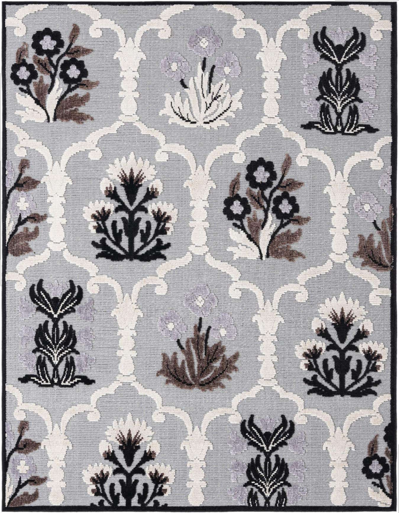 A 5x8 rectangular gray modern rug with a white trellis pattern and floral motifs in black, brown, and lavender, suitable for indoor/outdoor use.